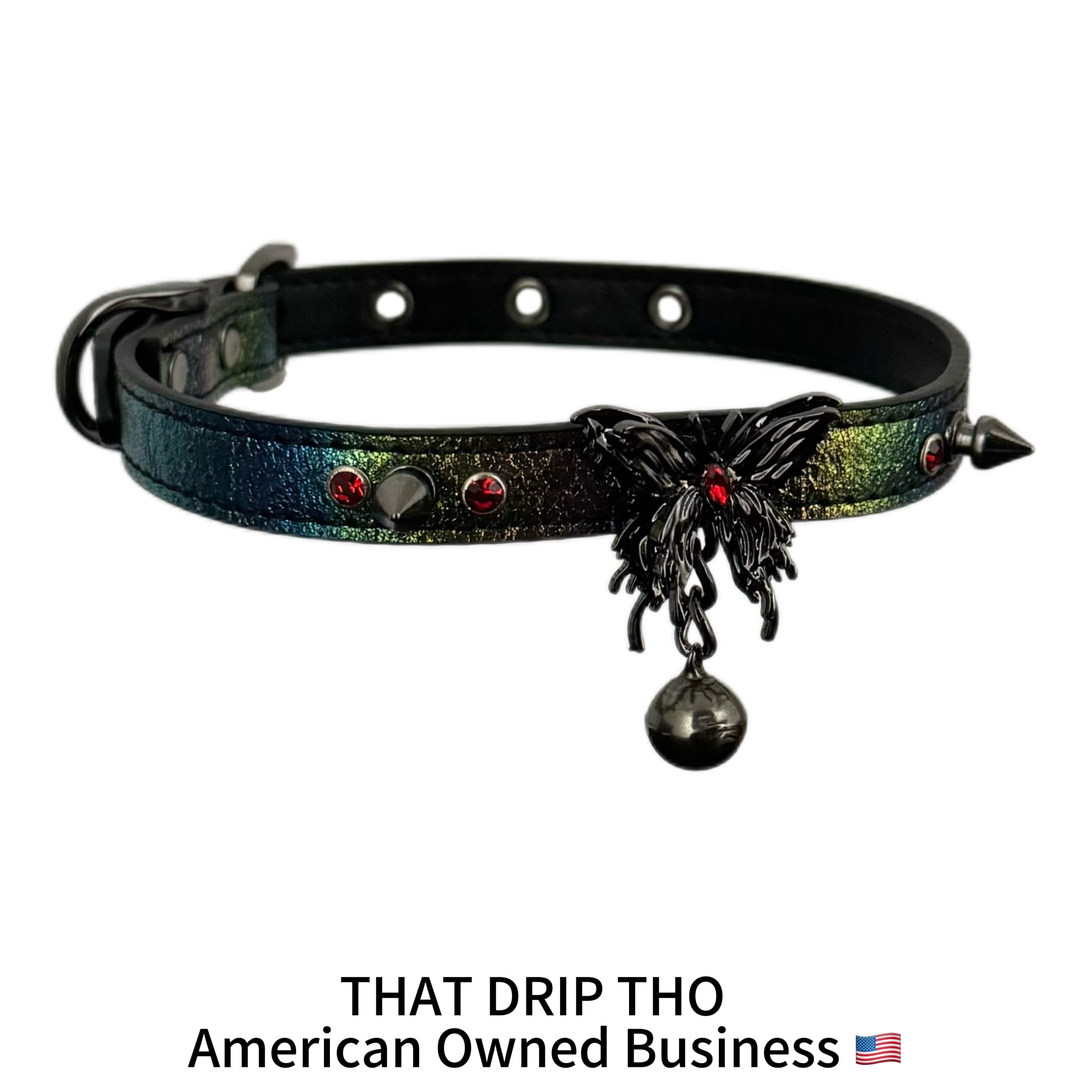 Iridescent Spiked Bondage Set – Leather Collar Choker with Gunmetal Butterfly & Bell, Matching Leash & Cuffs