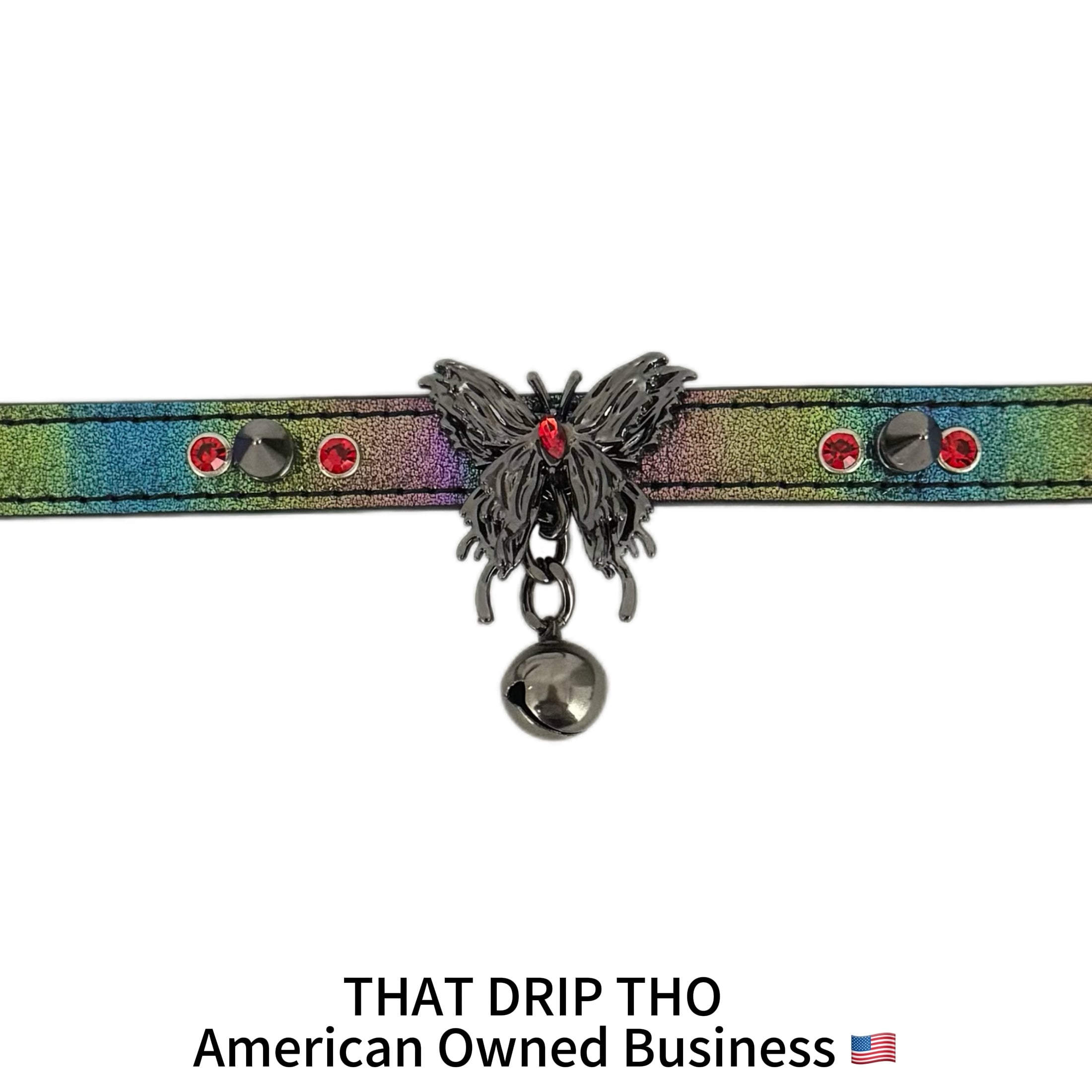 Iridescent Spiked Bondage Set – Leather Collar Choker with Gunmetal Butterfly & Bell, Matching Leash & Cuffs
