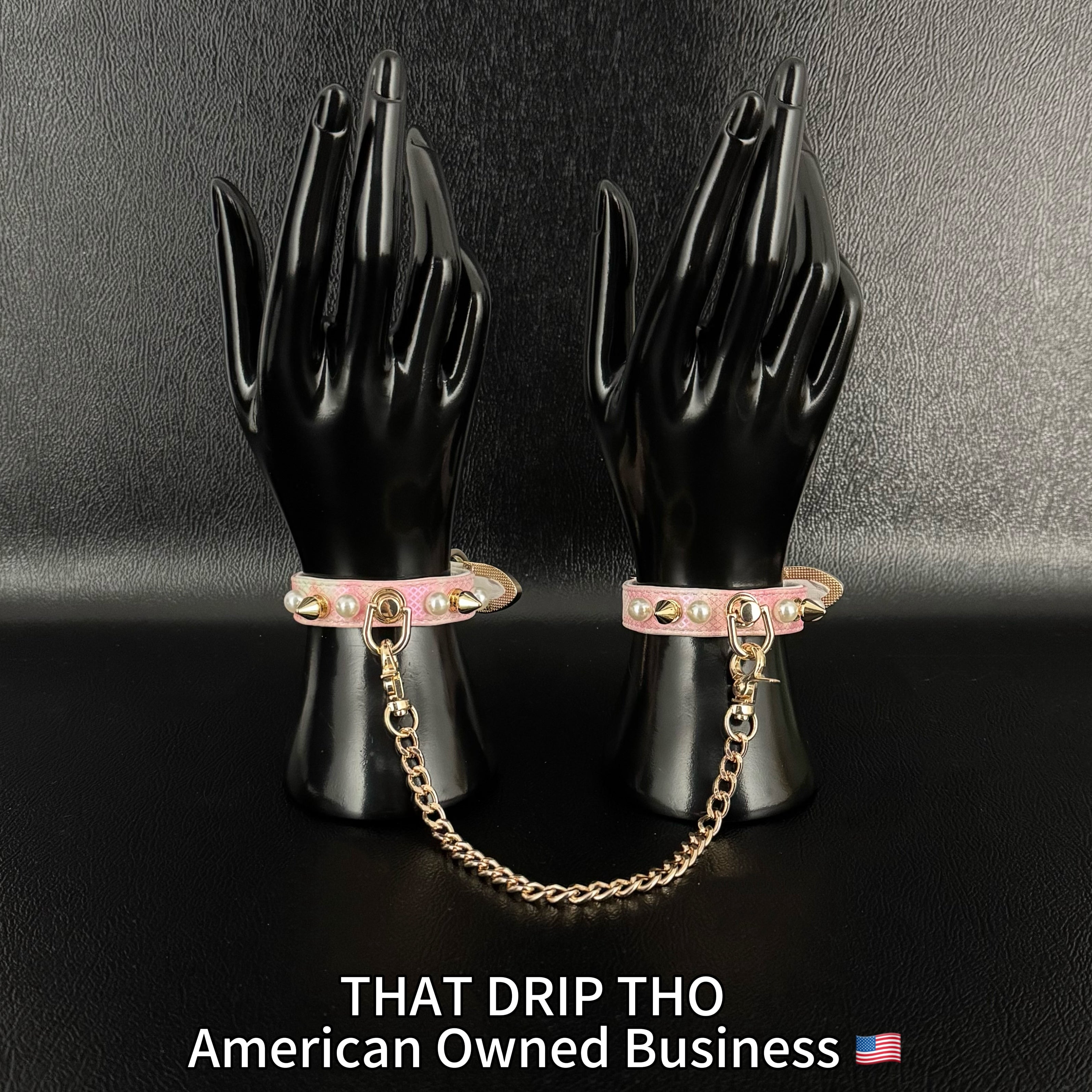 Handmade Luxe Pearls & Spikes Bondage Set – Matching Collar, Cuffs, and Chain Leash - Pink Set