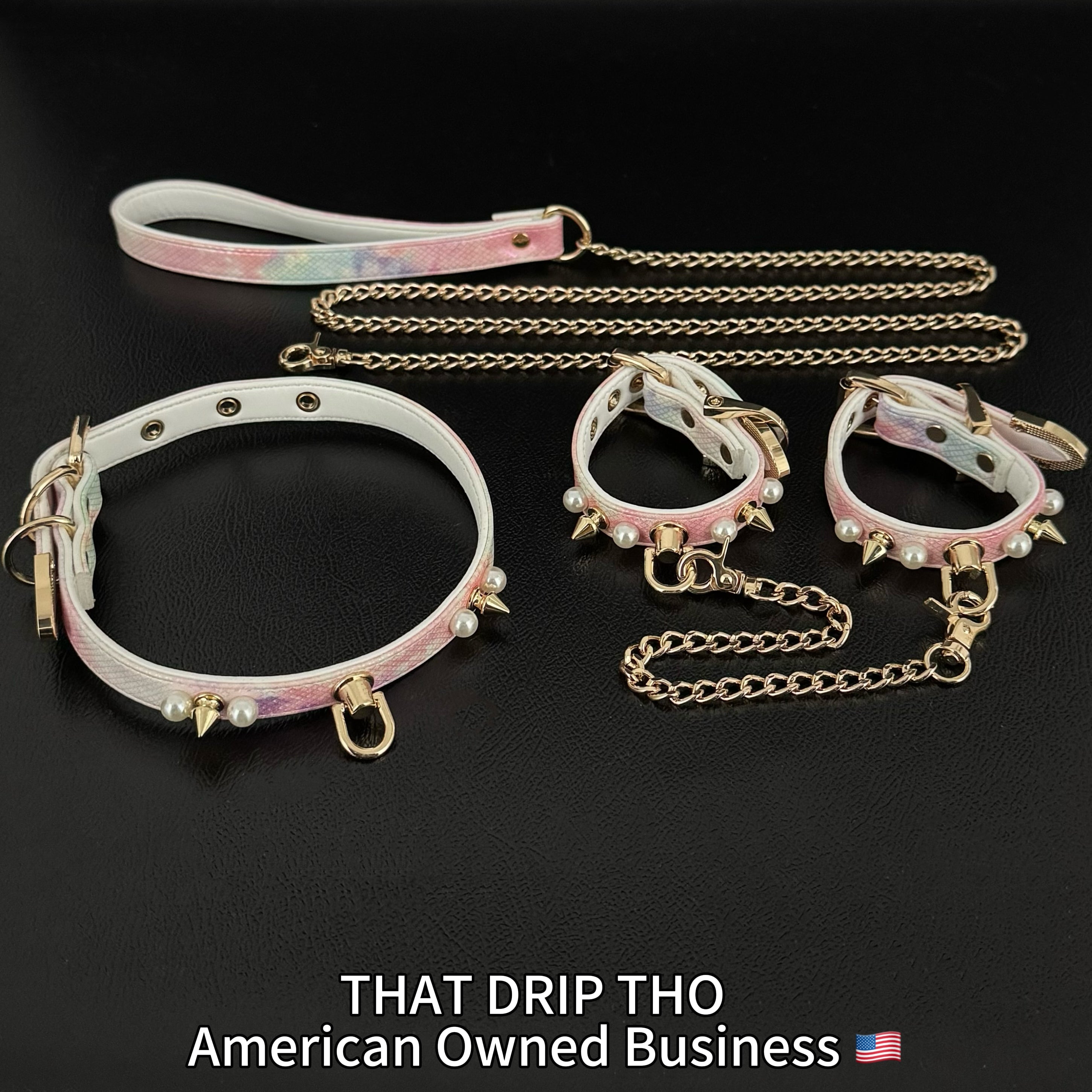 Handmade Luxe Pearls & Spikes Bondage Set – Matching Collar, Cuffs, and Chain Leash - Pink Set