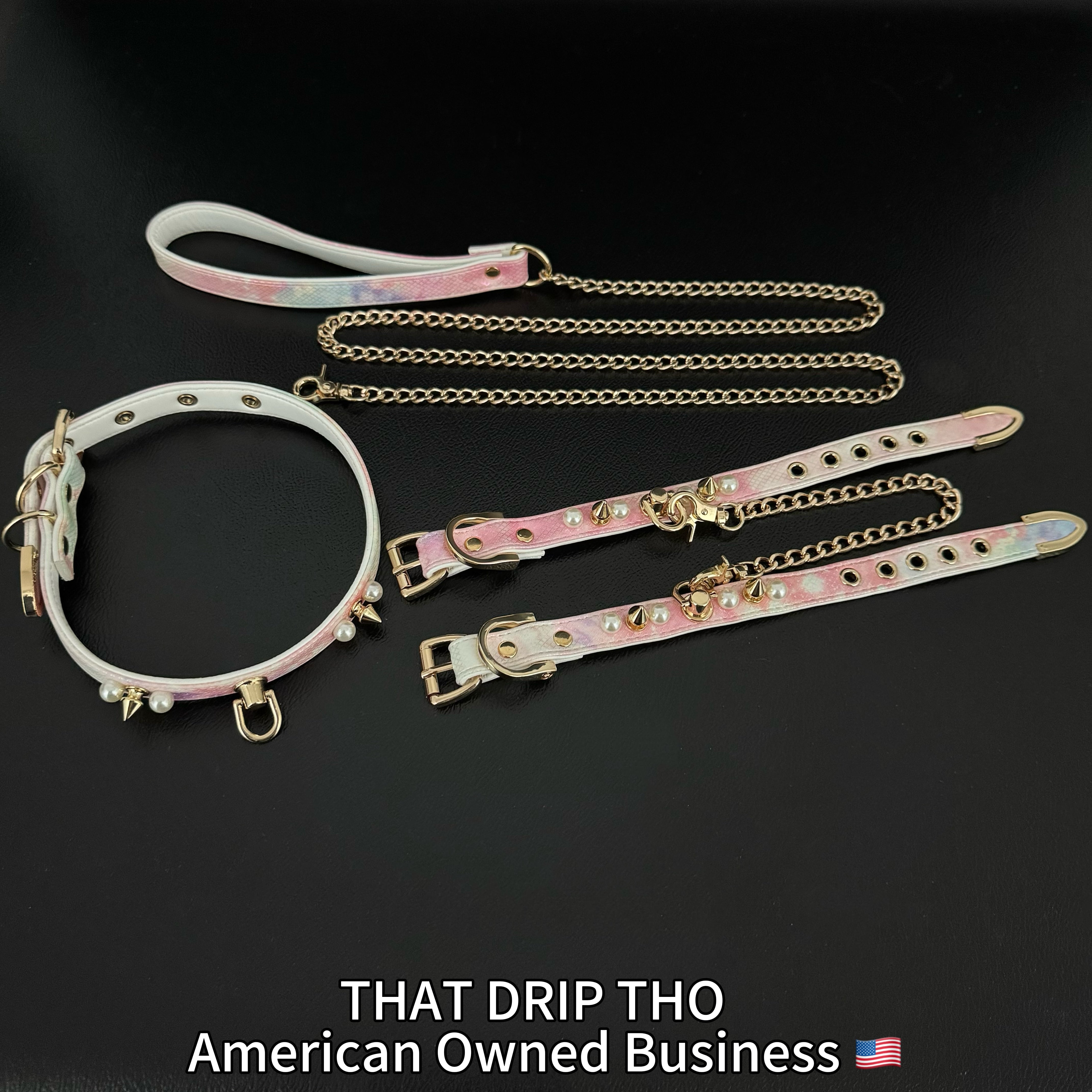 Handmade Luxe Pearls & Spikes Bondage Set – Matching Collar, Cuffs, and Chain Leash - Pink Set