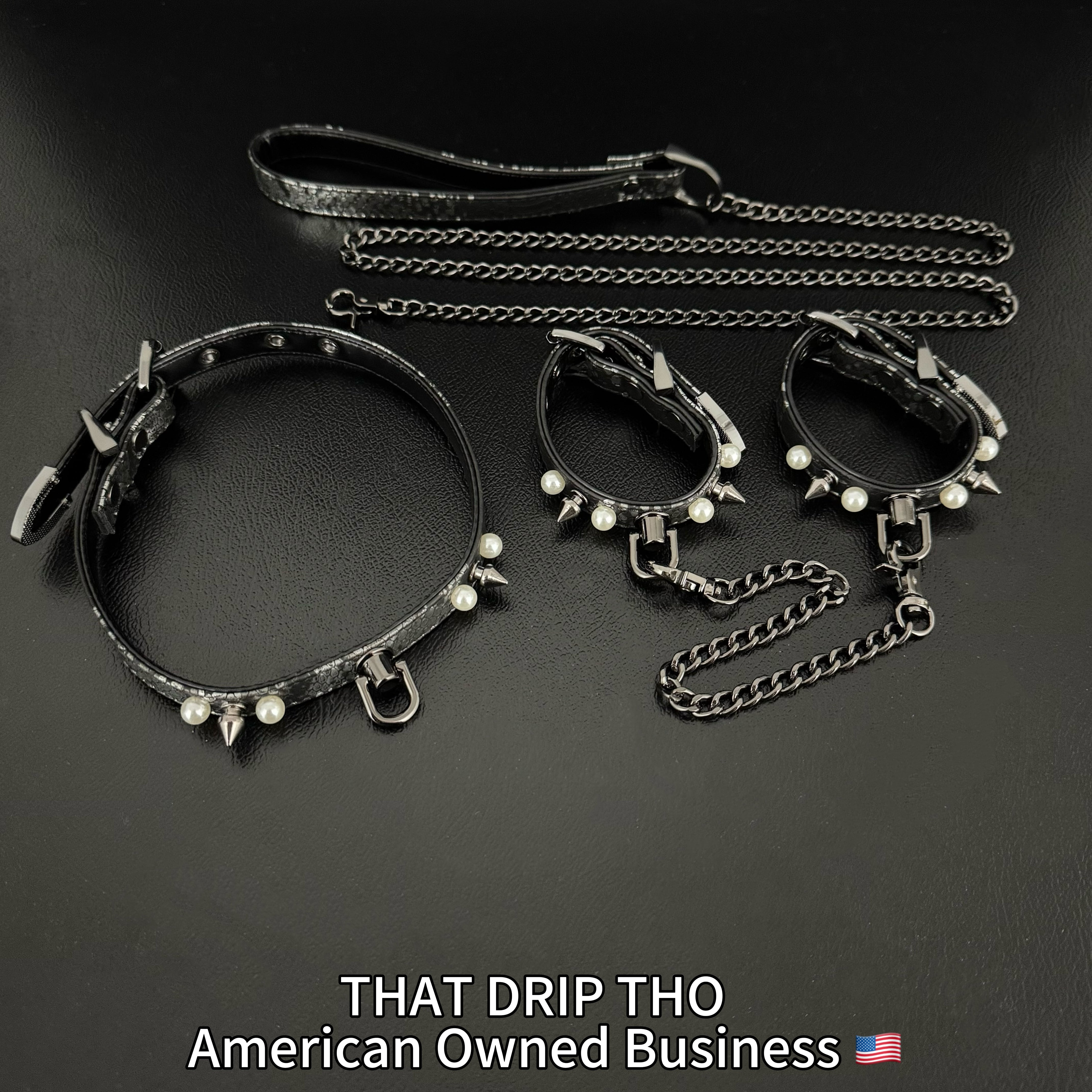 Handmade Luxe Pearls & Spikes Bondage Set – Matching Collar, Cuffs, and Chain Leash - Black Set