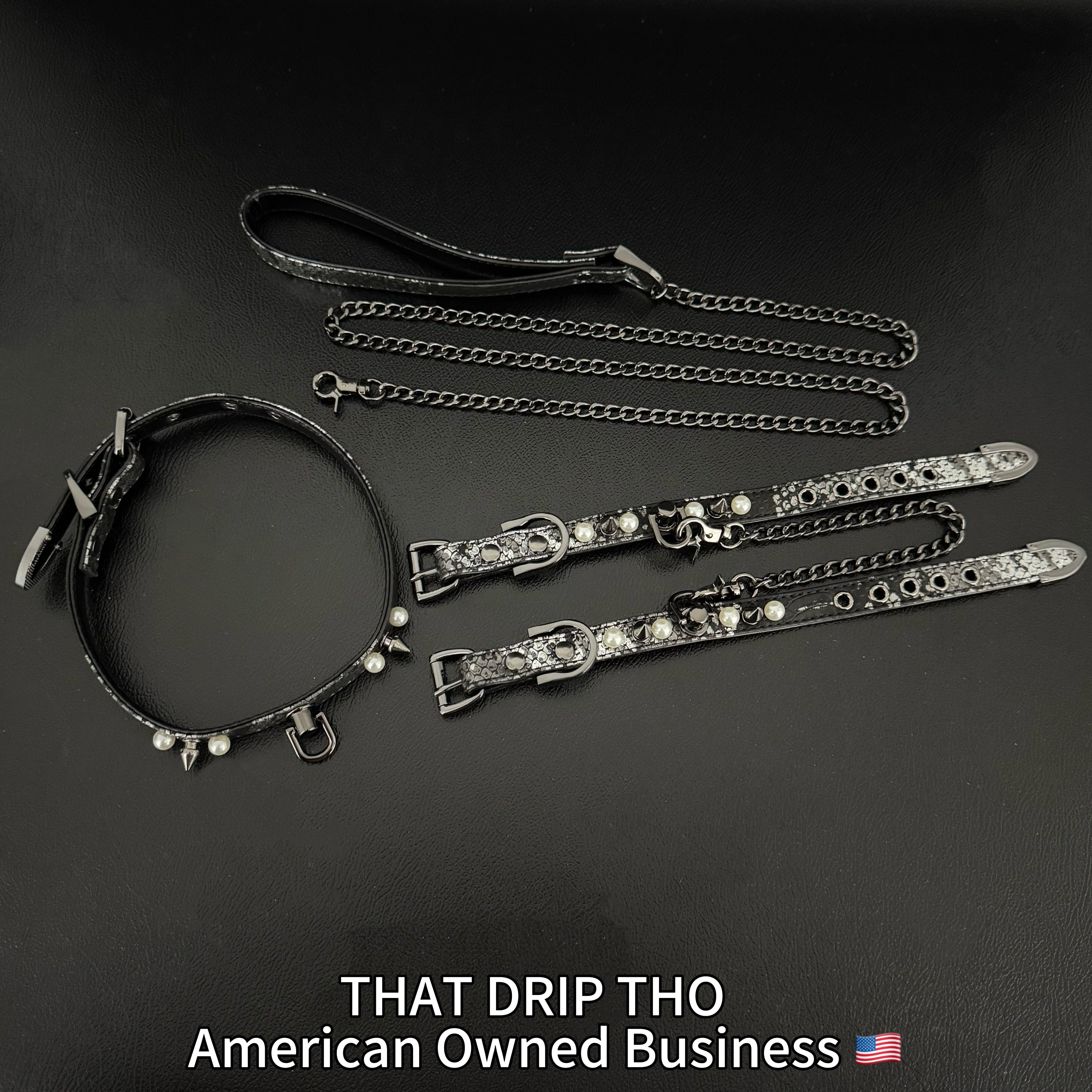 Handmade Luxe Pearls & Spikes Bondage Set – Matching Collar, Cuffs, and Chain Leash - Black Set