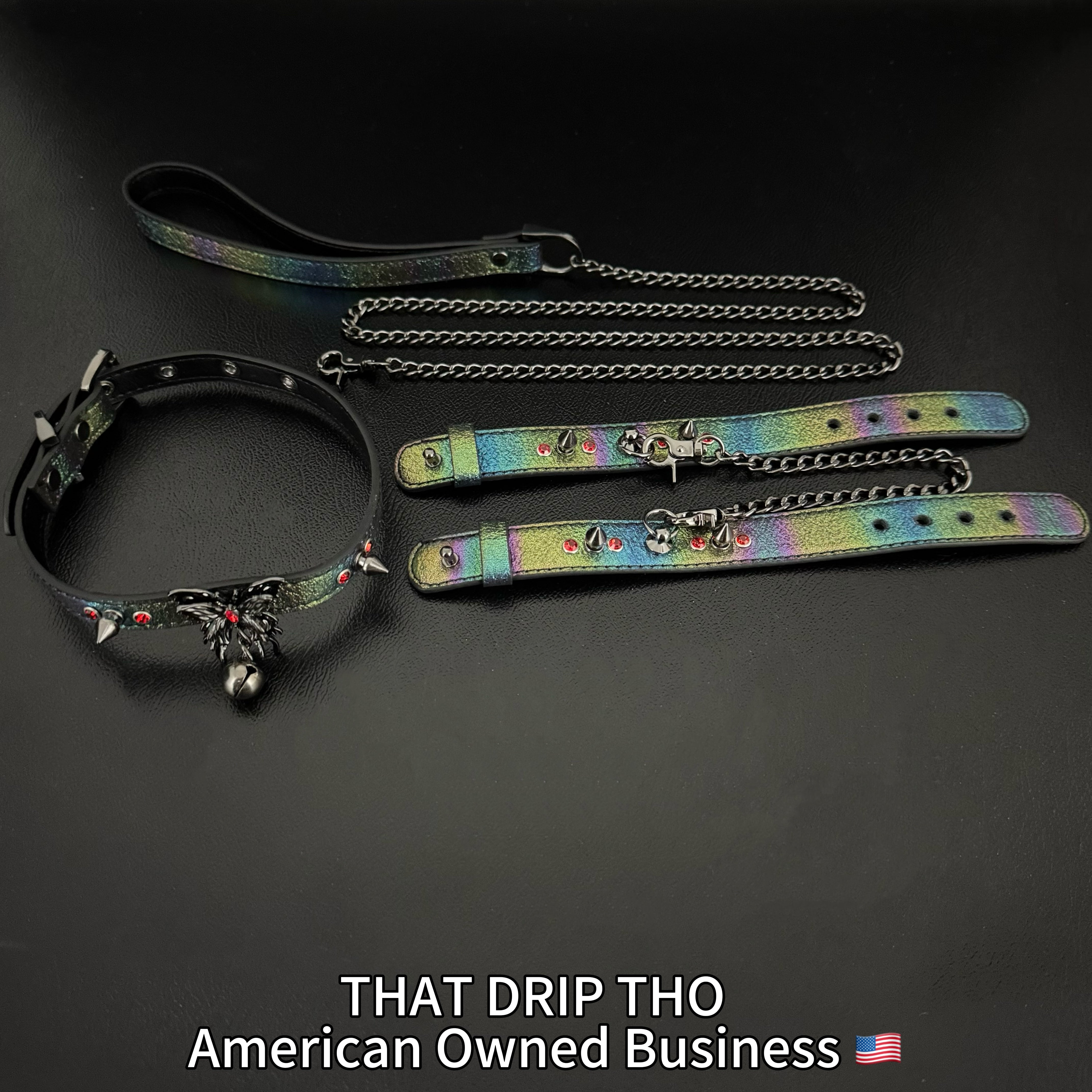 Iridescent Spiked Bondage Set – Leather Collar Choker with Gunmetal Butterfly & Bell, Matching Leash & Cuffs