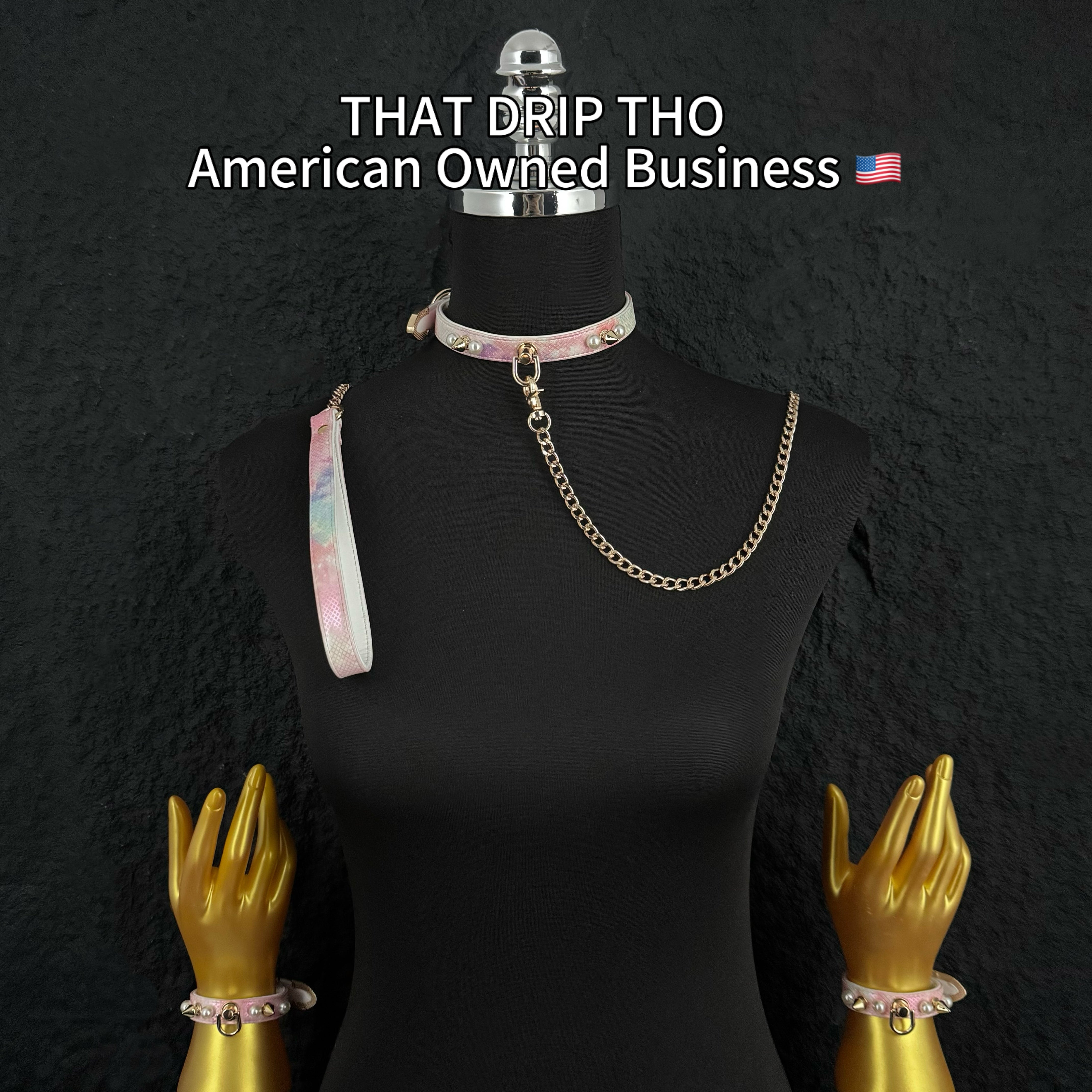 Handmade Luxe Pearls & Spikes Bondage Set – Matching Collar, Cuffs, and Chain Leash - Pink Set