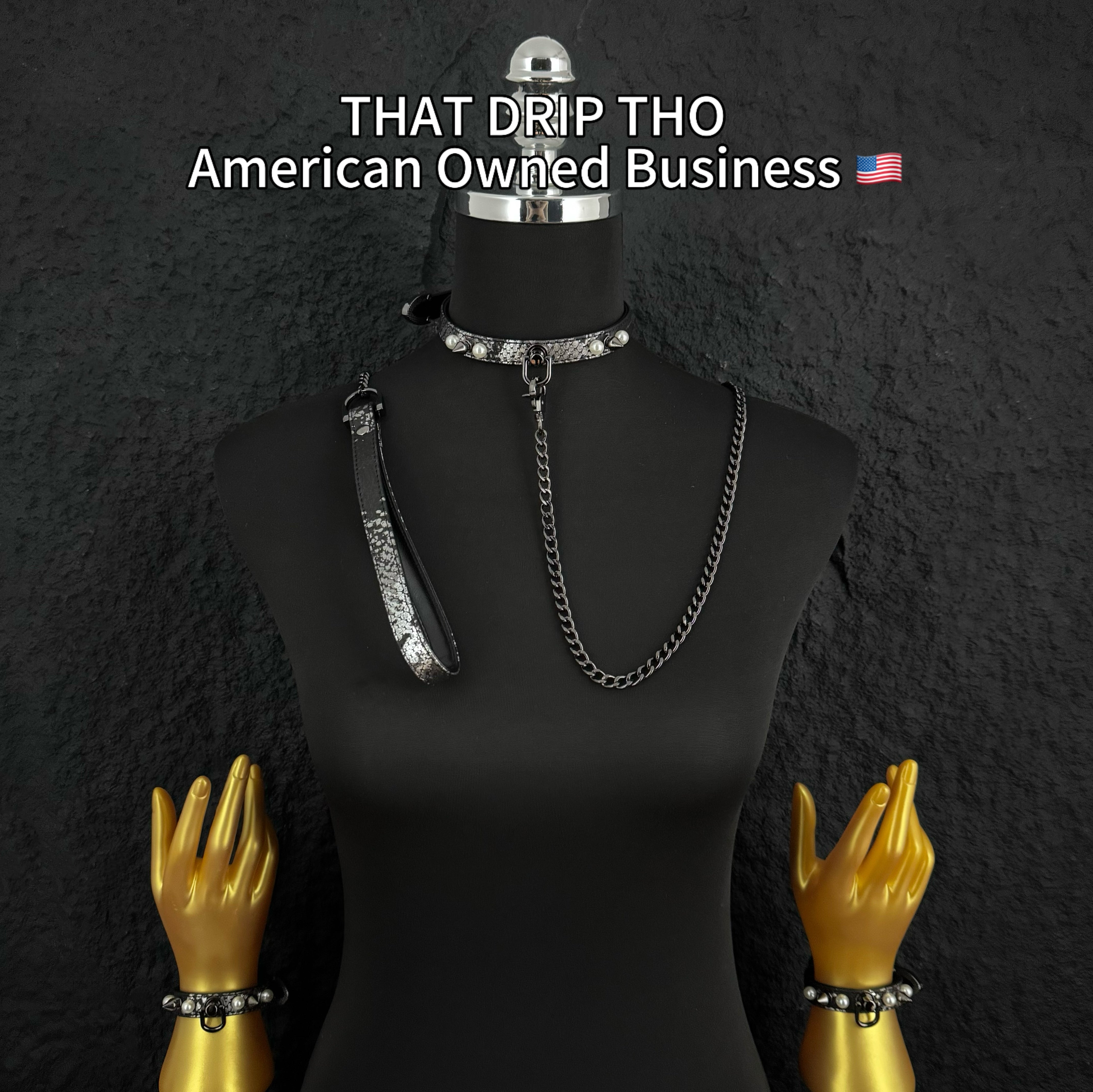 Handmade Luxe Pearls & Spikes Bondage Set – Matching Collar, Cuffs, and Chain Leash - Black Set