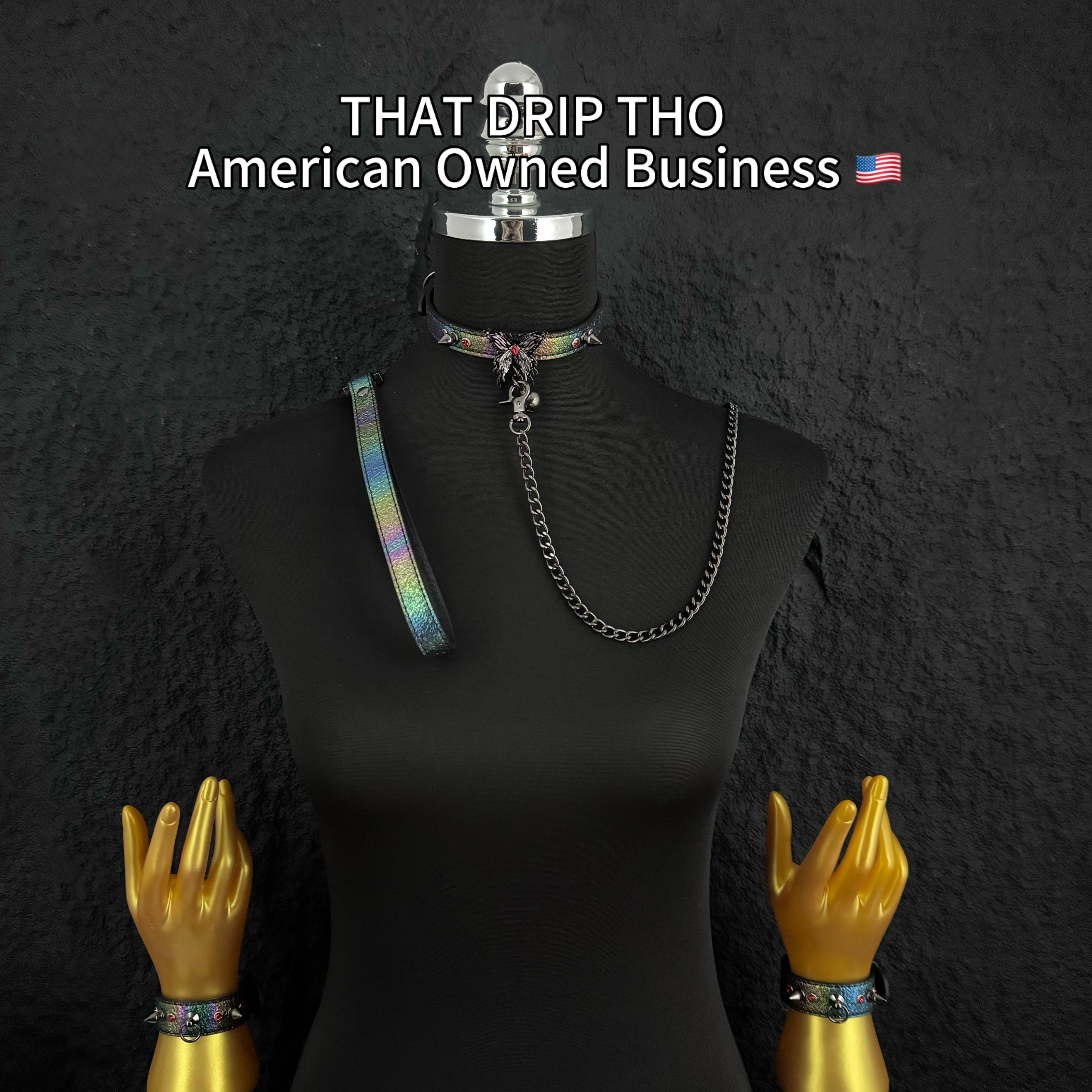 Iridescent Spiked Bondage Set – Leather Collar Choker with Gunmetal Butterfly & Bell, Matching Leash & Cuffs
