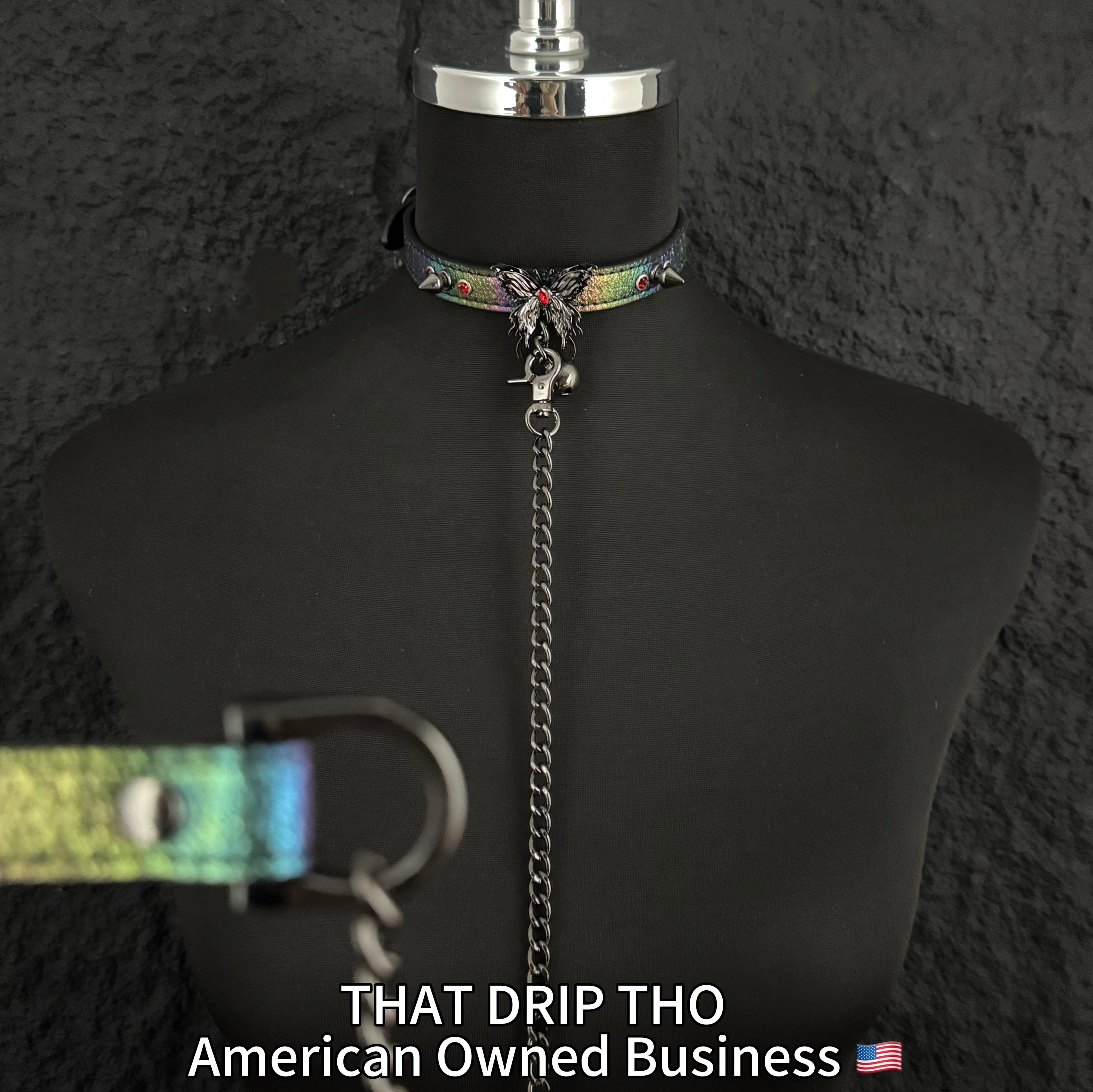 Iridescent Spiked Bondage Set – Leather Collar Choker with Gunmetal Butterfly & Bell, Matching Leash & Cuffs