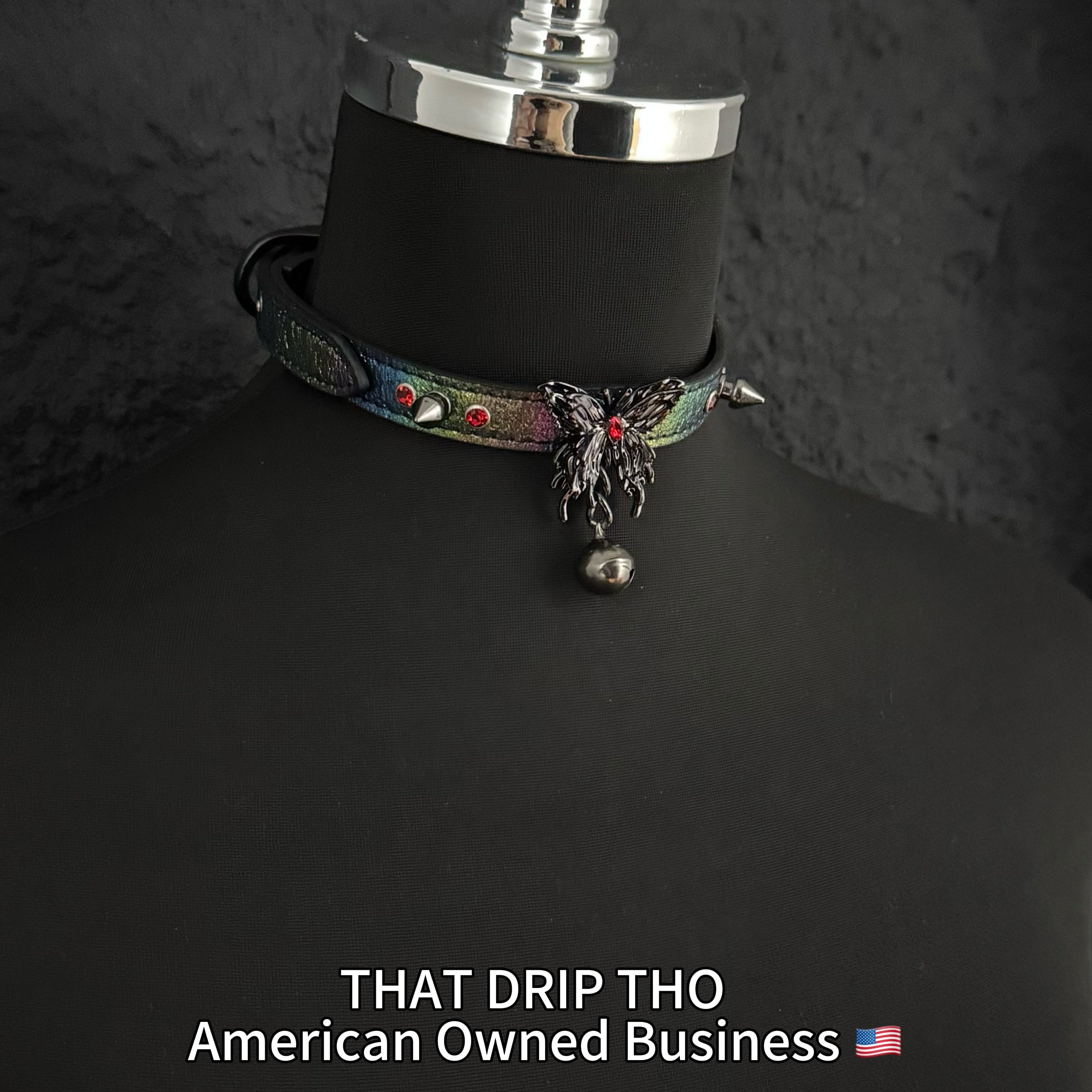 Iridescent Spiked Bondage Set – Leather Collar Choker with Gunmetal Butterfly & Bell, Matching Leash & Cuffs