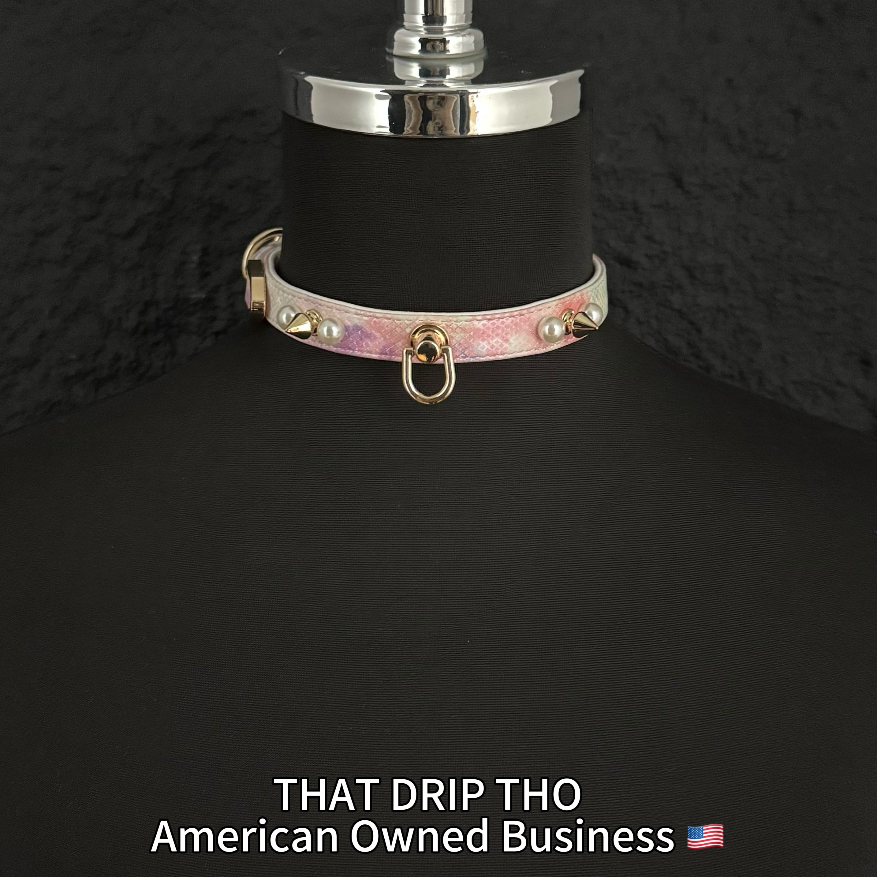 Handmade Luxe Pearls & Spikes Bondage Set – Matching Collar, Cuffs, and Chain Leash - Pink Set