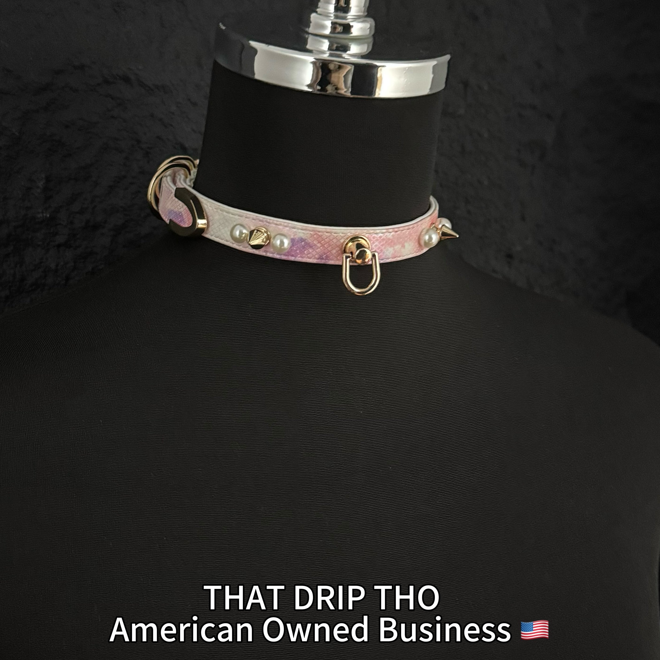 Handmade Luxe Pearls & Spikes Bondage Set – Matching Collar, Cuffs, and Chain Leash - Pink Set