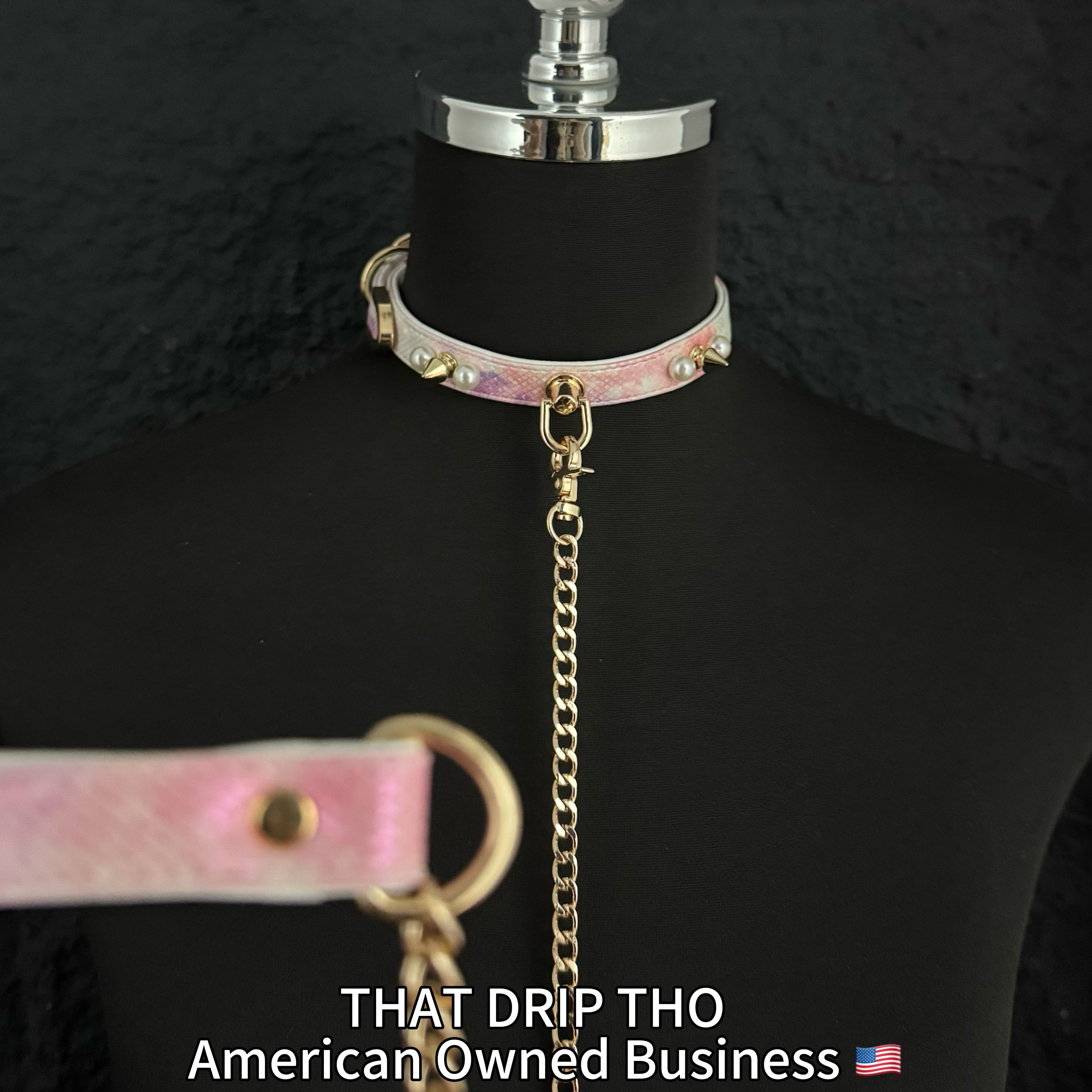 Handmade Luxe Pearls & Spikes Bondage Set – Matching Collar, Cuffs, and Chain Leash - Pink Set