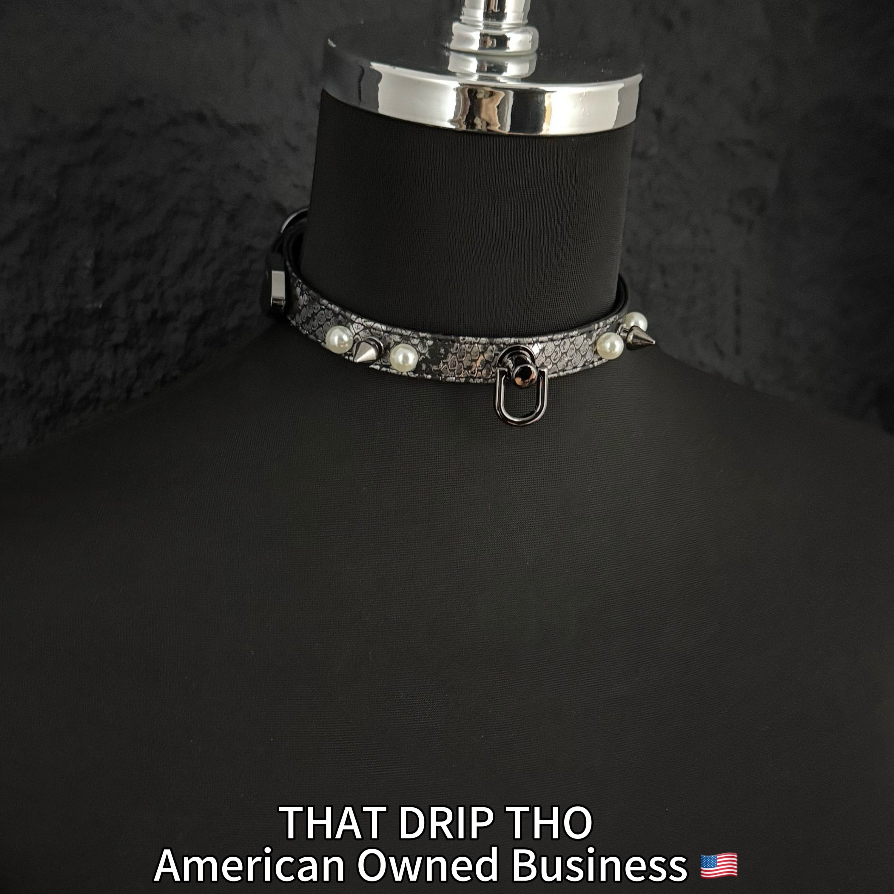 Handmade Luxe Pearls & Spikes Bondage Set – Matching Collar, Cuffs, and Chain Leash - Black Set