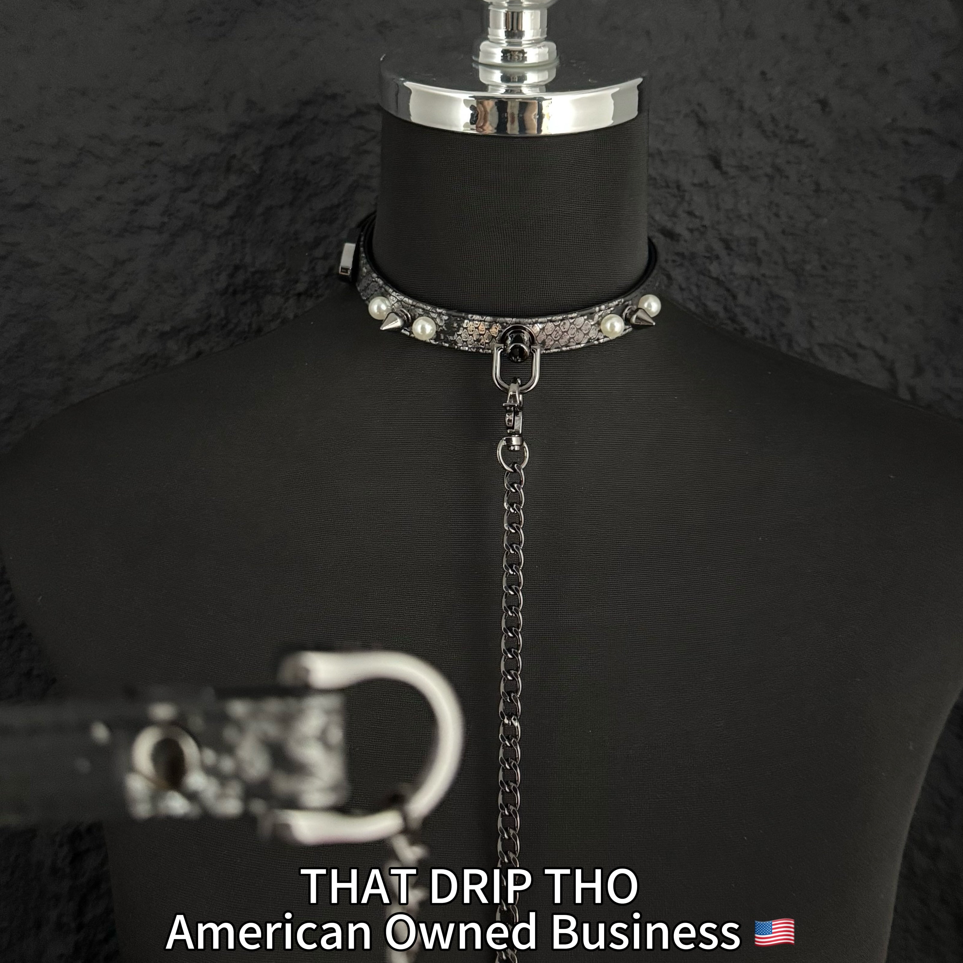 Handmade Luxe Pearls & Spikes Bondage Set – Matching Collar, Cuffs, and Chain Leash - Black Set