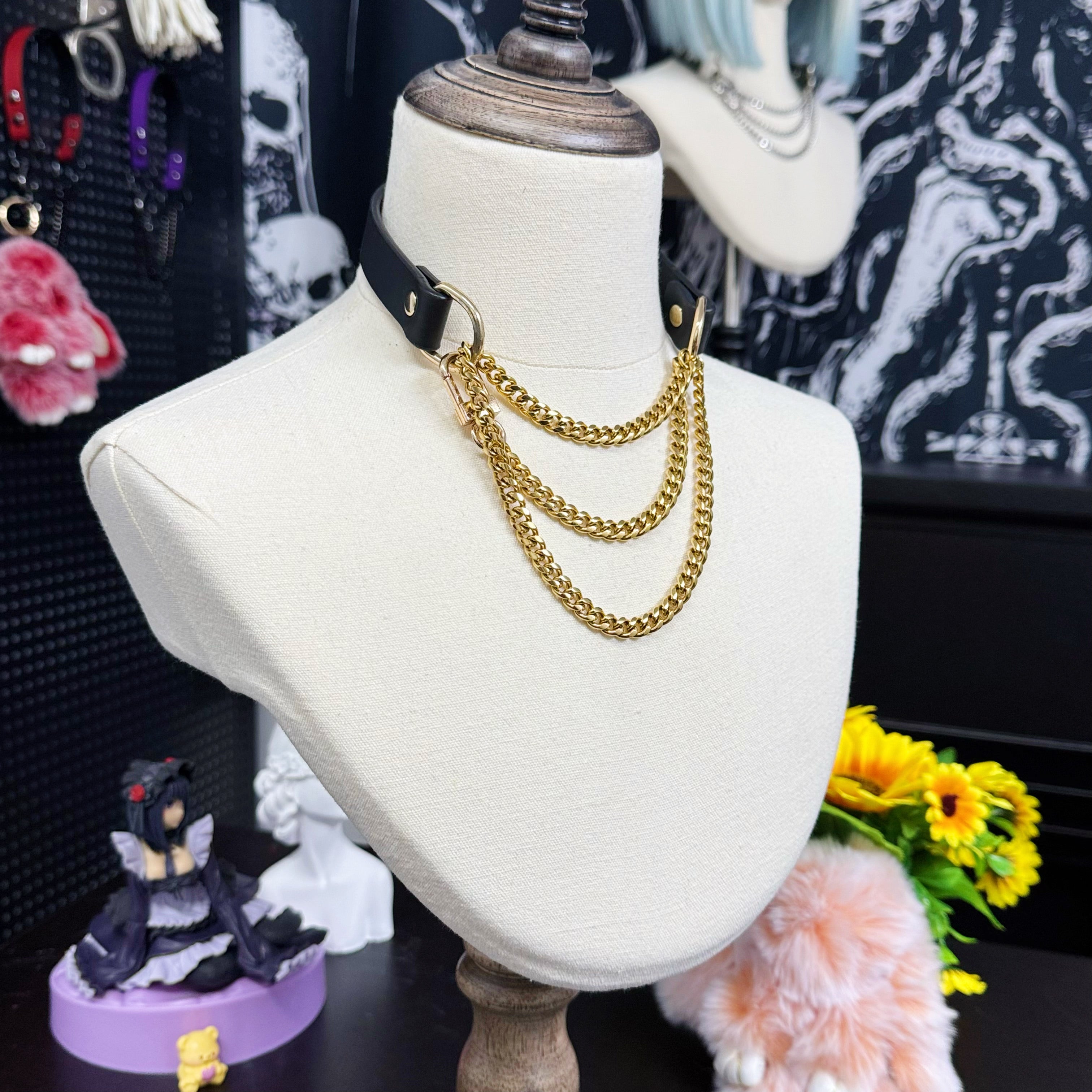Luxe Chain (Fashion Layered Chain Leather Choker Necklace) (Gold Color Chain)