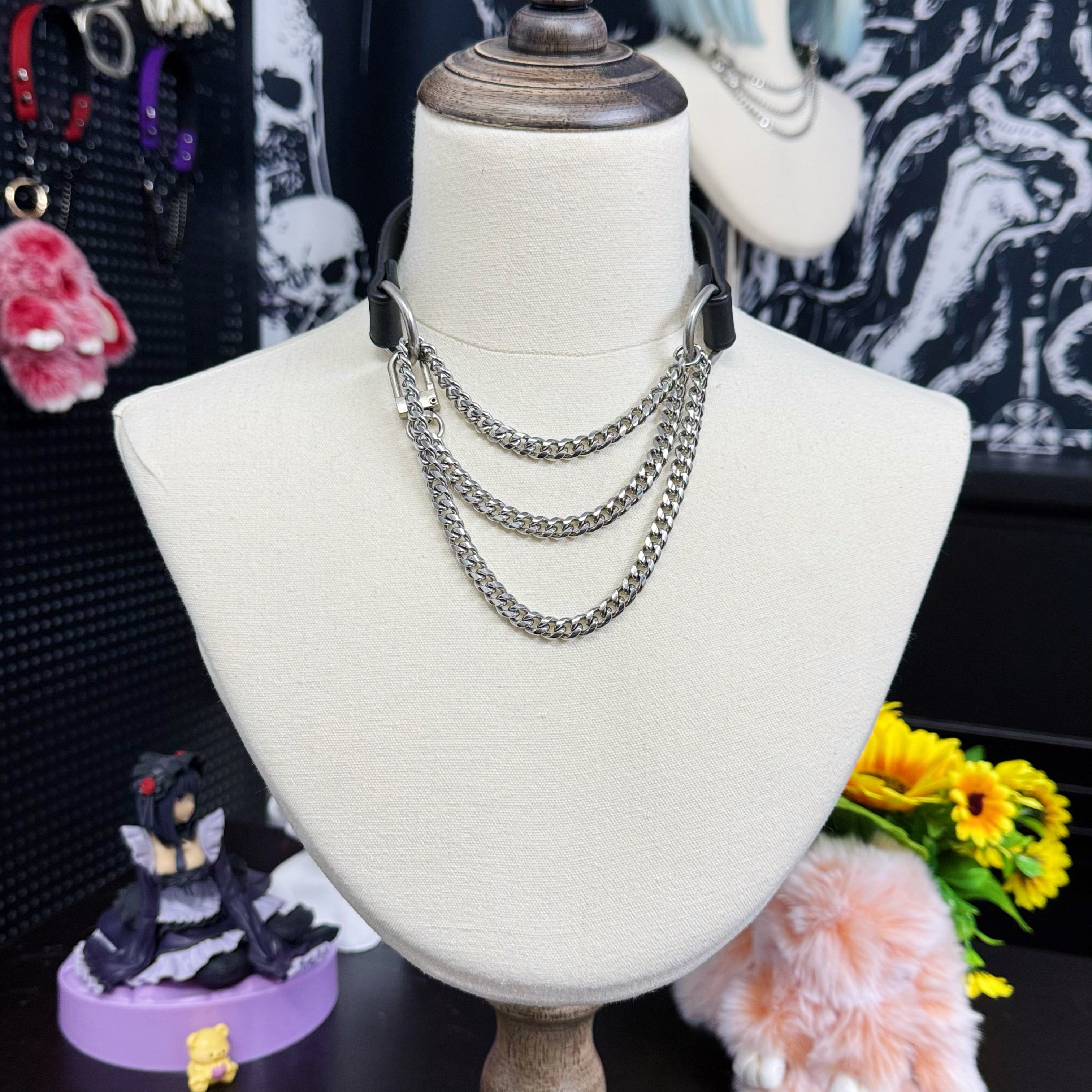 Luxe Chain (Fashion Layered Chain Leather Choker Necklace) (Classic Black Leather Silver Chain)