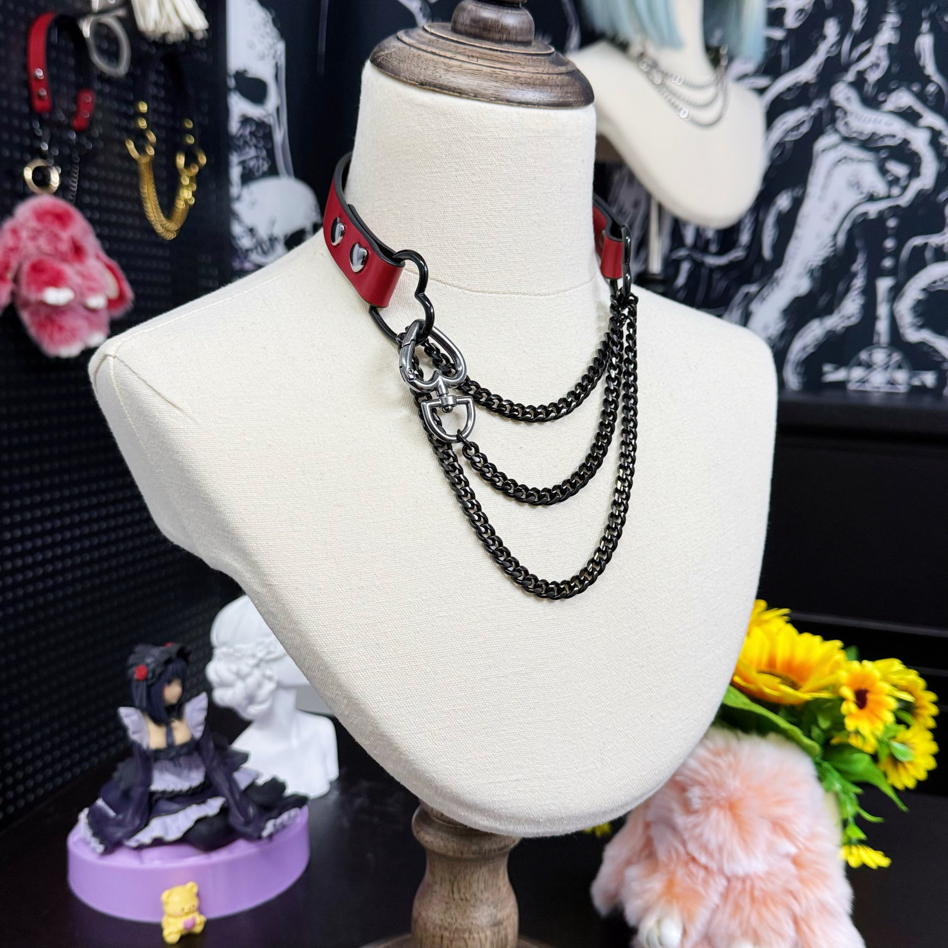 Luxe Chain (Fashion Layered Chain Leather Choker Necklace) (Lucky Red Leather-Black Chain with Heart)