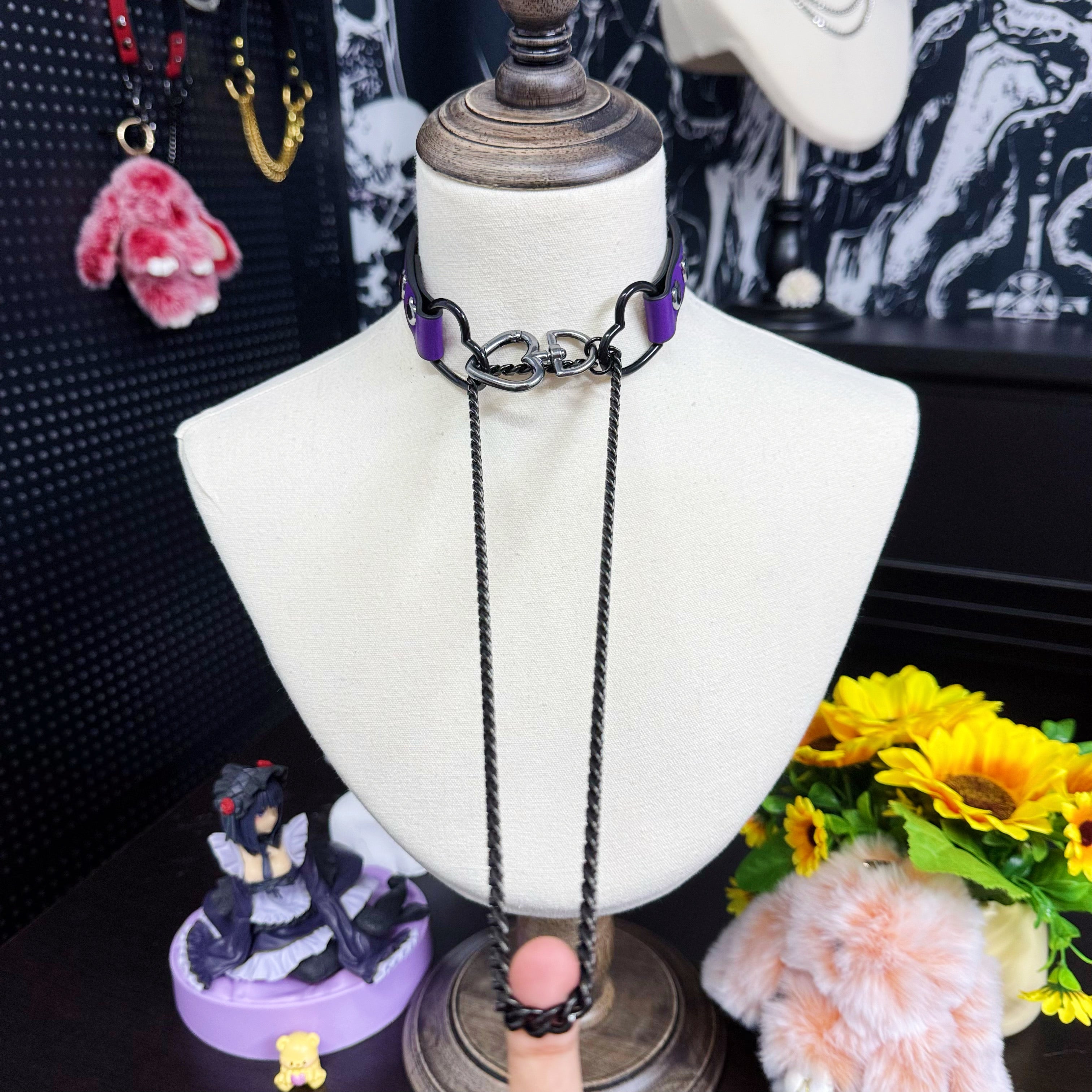 Luxe Chain (Fashion Layered Chain Leather Choker Necklace) (Purple Leather-Black Chain with Heart)