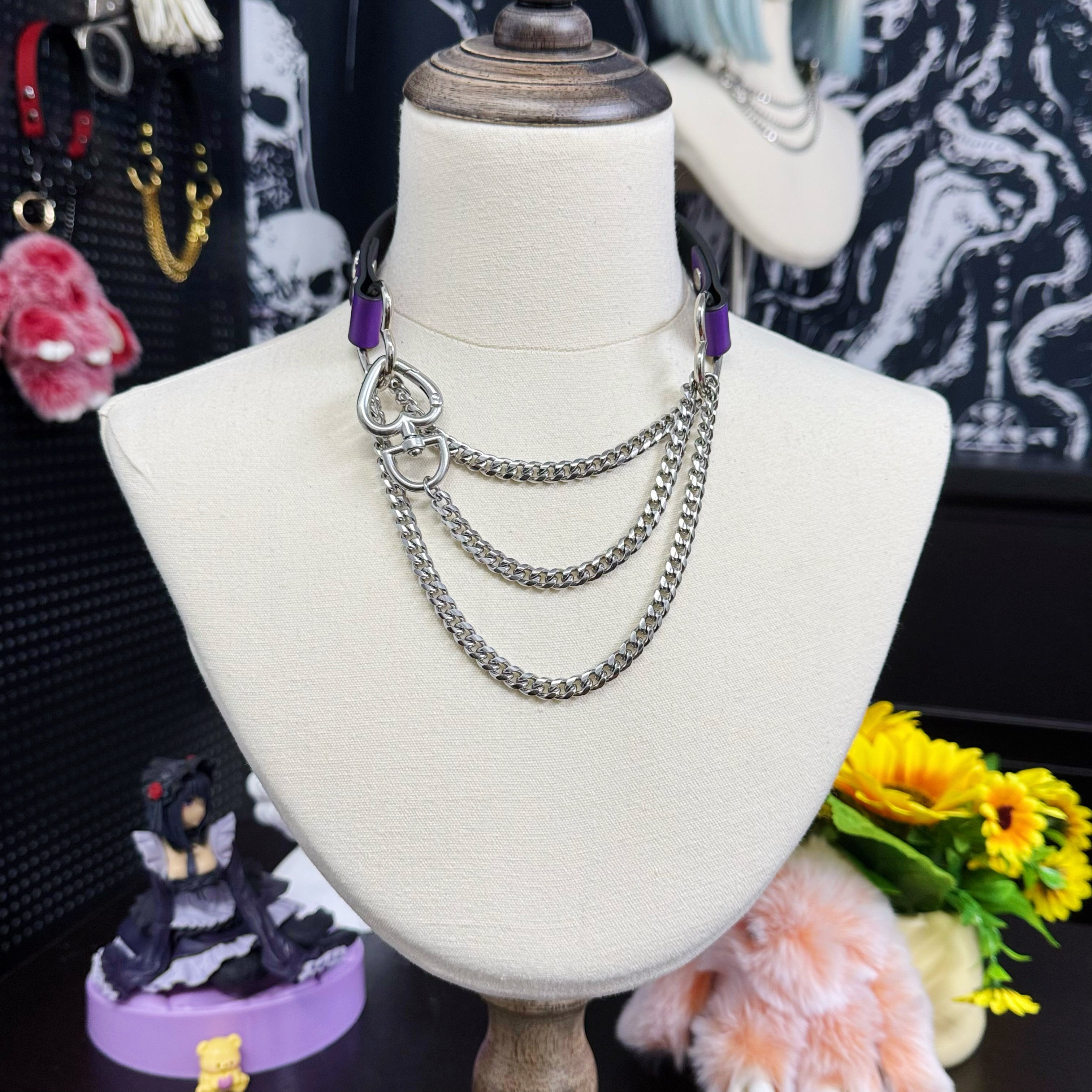 Luxe Chain (Fashion Layered Chain Leather Choker Necklace) (Purple Leather-Silver Chain with Heart)