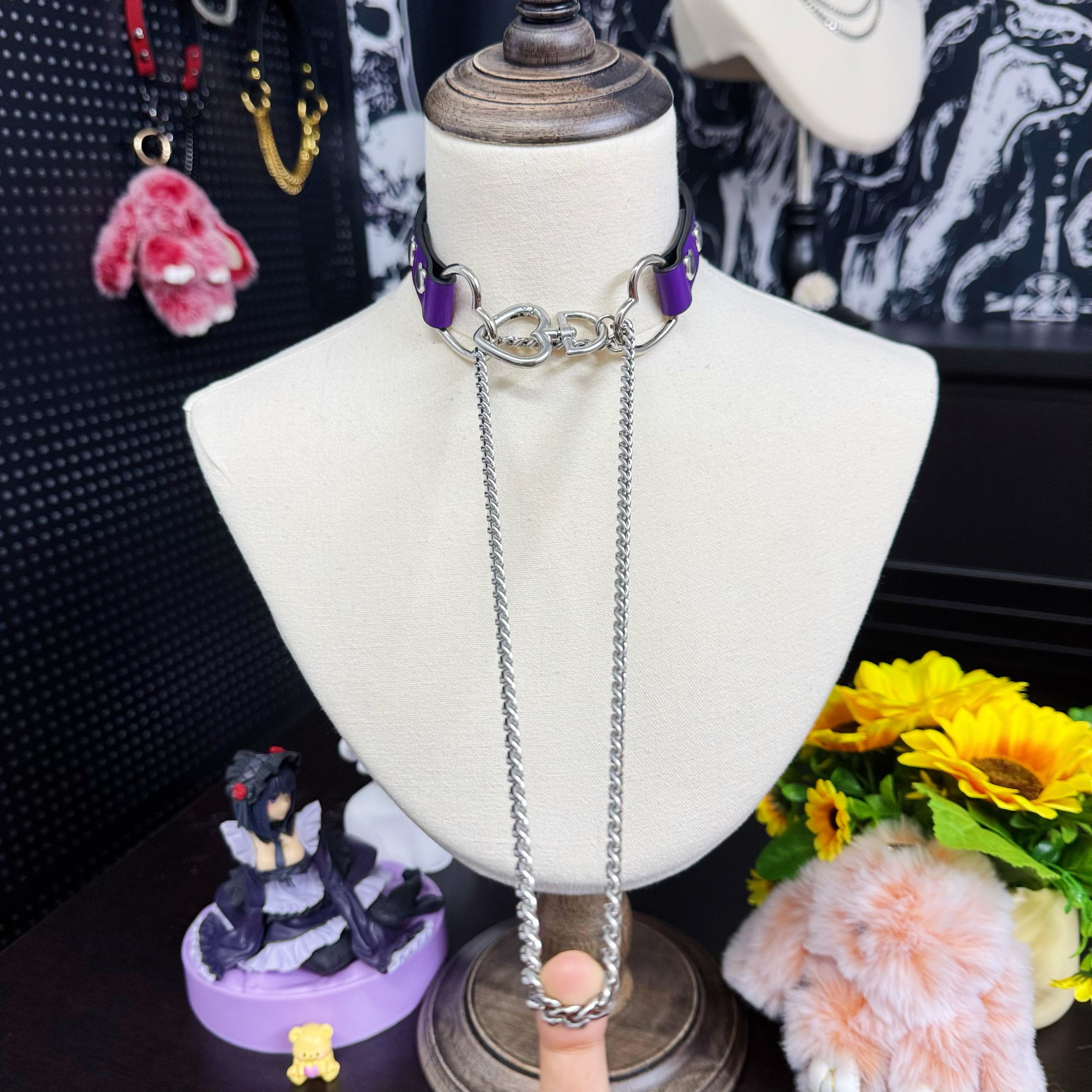 Luxe Chain (Fashion Layered Chain Leather Choker Necklace) (Purple Leather-Silver Chain with Heart)
