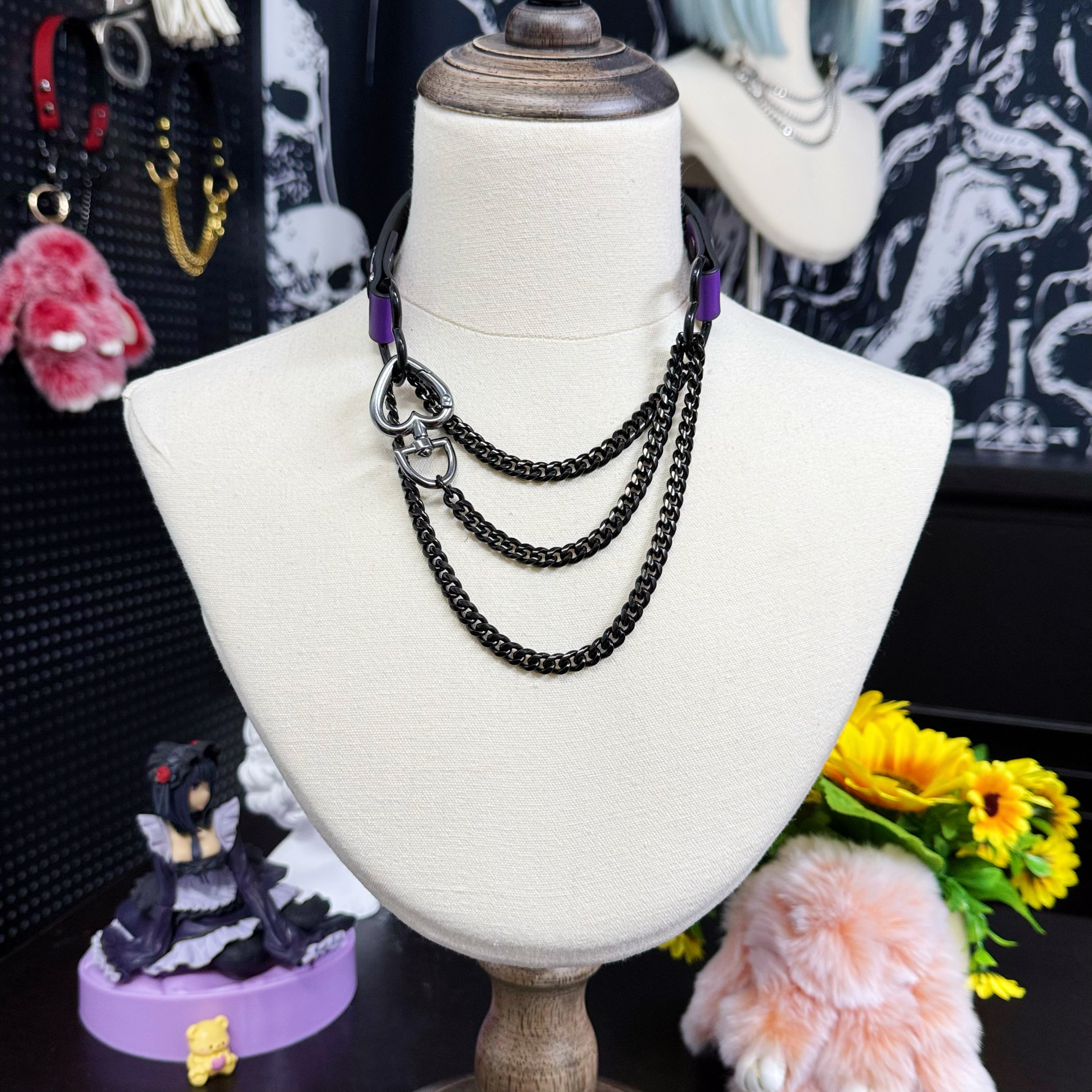 Luxe Chain (Fashion Layered Chain Leather Choker Necklace) (Purple Leather-Black Chain with Heart)