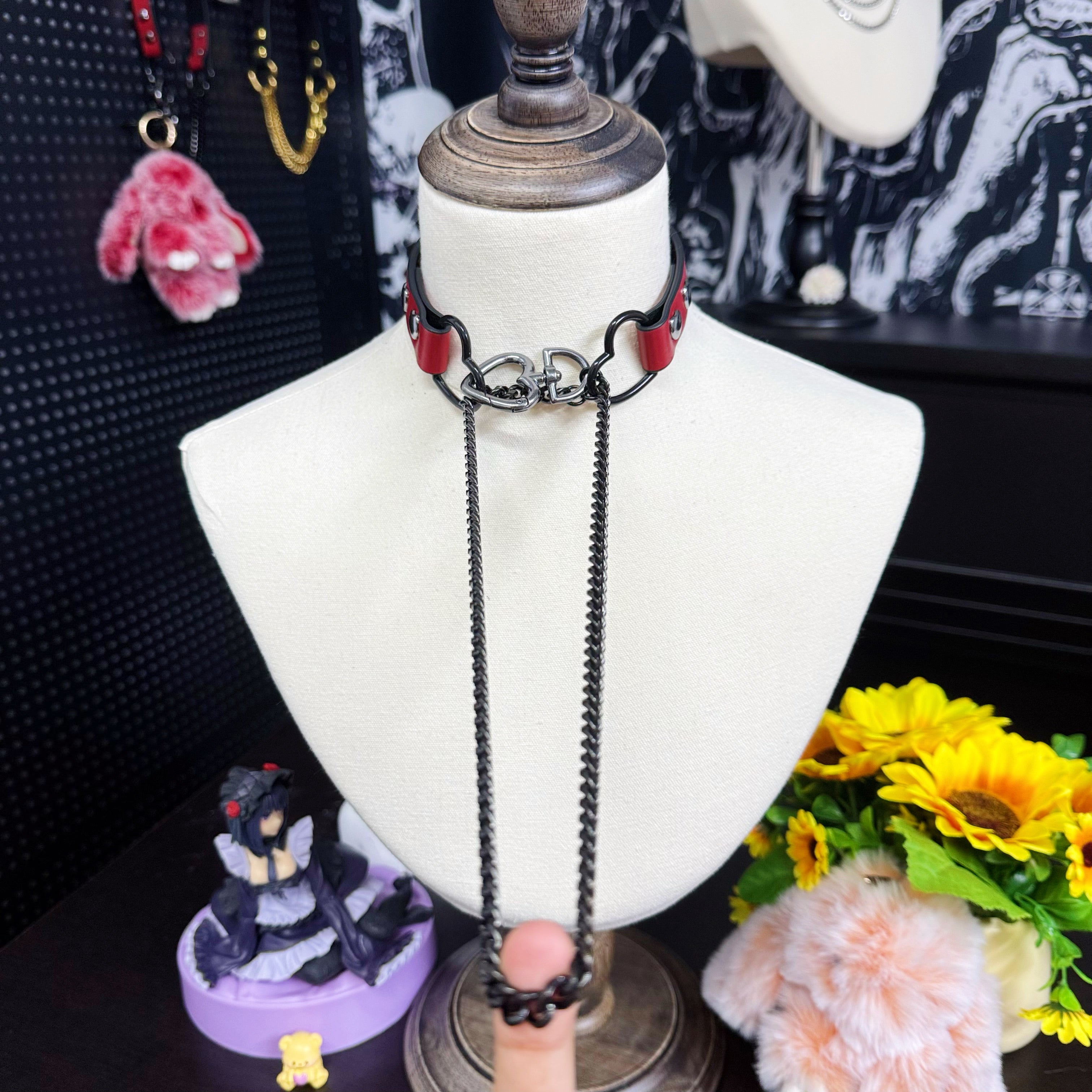 Luxe Chain (Fashion Layered Chain Leather Choker Necklace) (Lucky Red Leather-Black Chain with Heart)