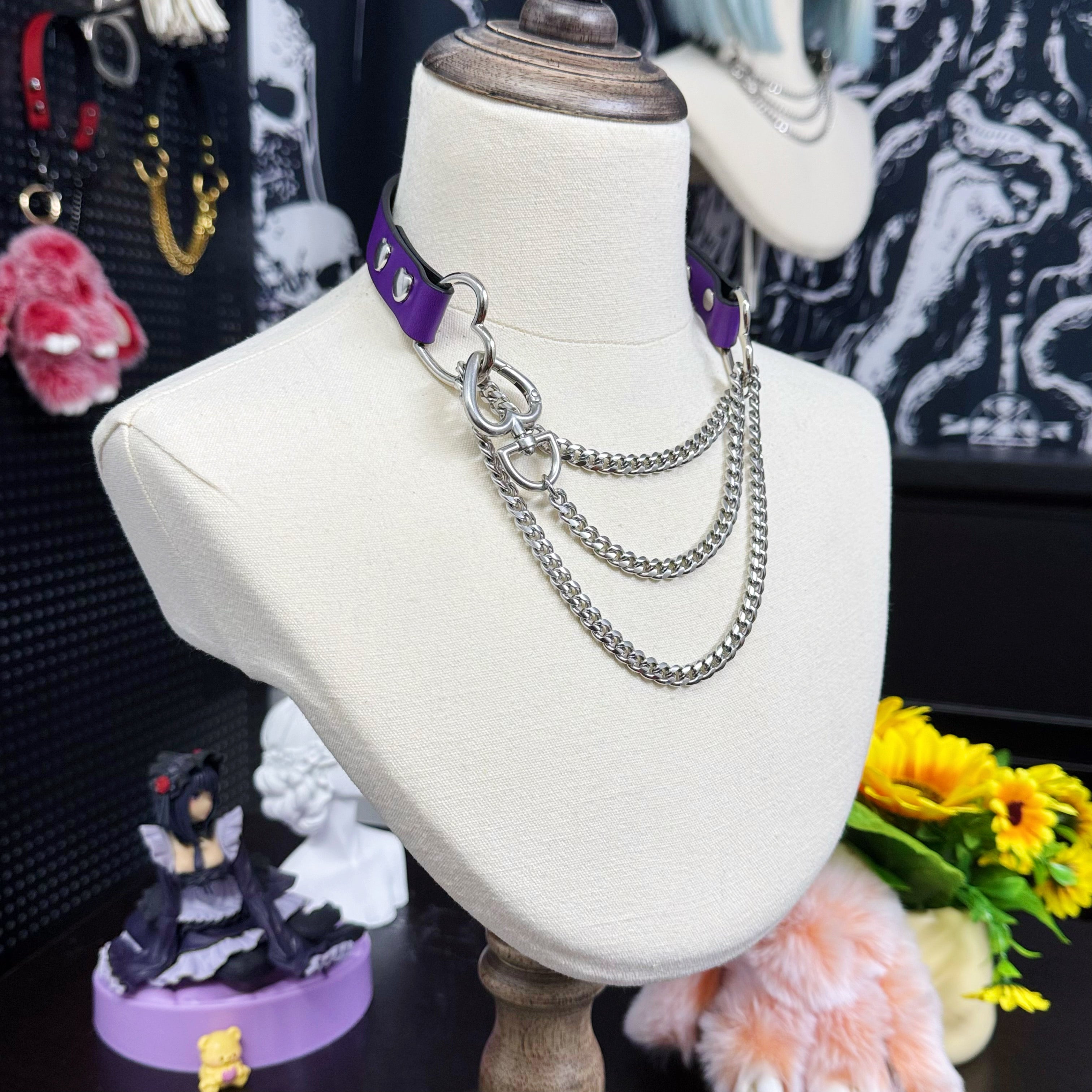 Luxe Chain (Fashion Layered Chain Leather Choker Necklace) (Purple Leather-Silver Chain with Heart)