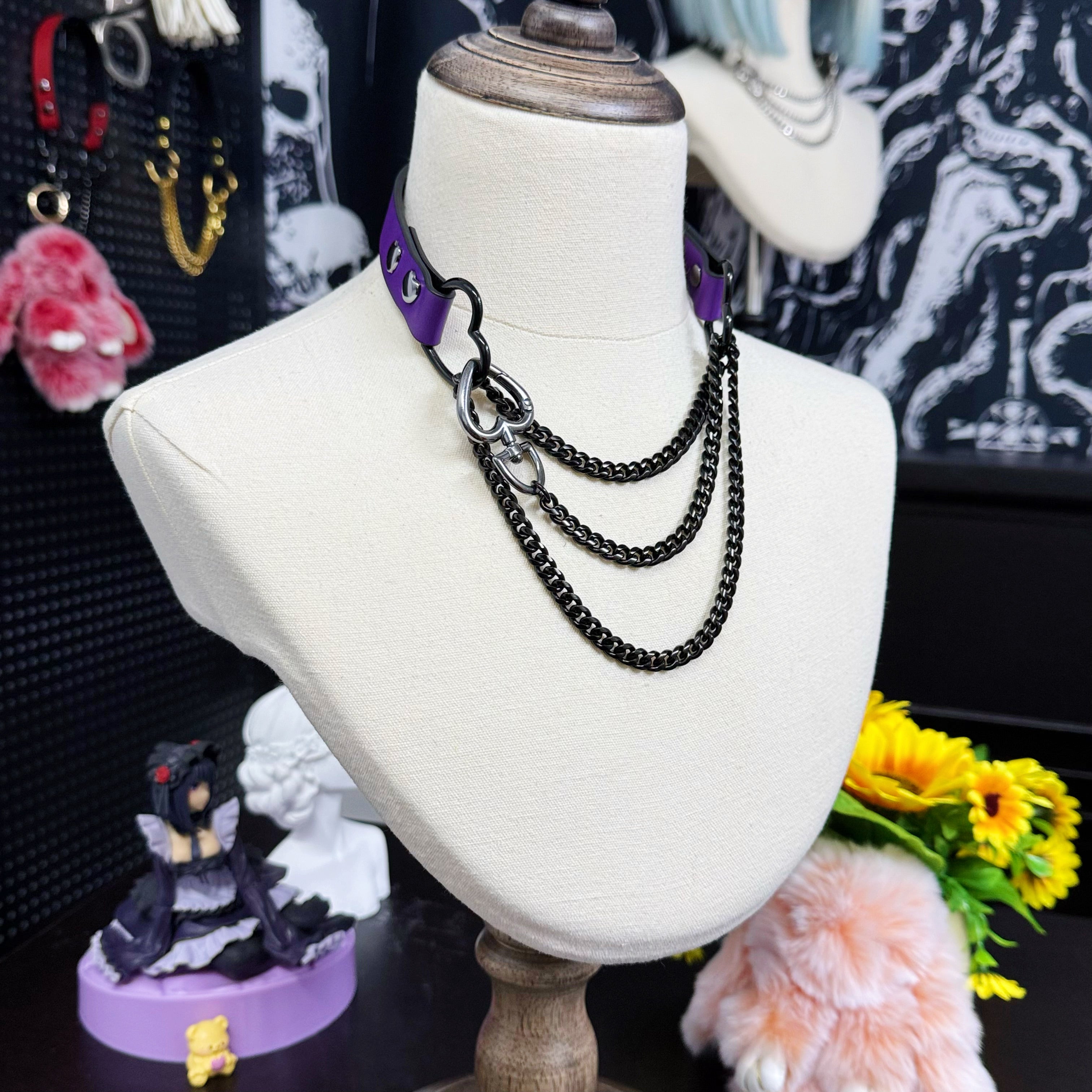 Luxe Chain (Fashion Layered Chain Leather Choker Necklace) (Purple Leather-Black Chain with Heart)