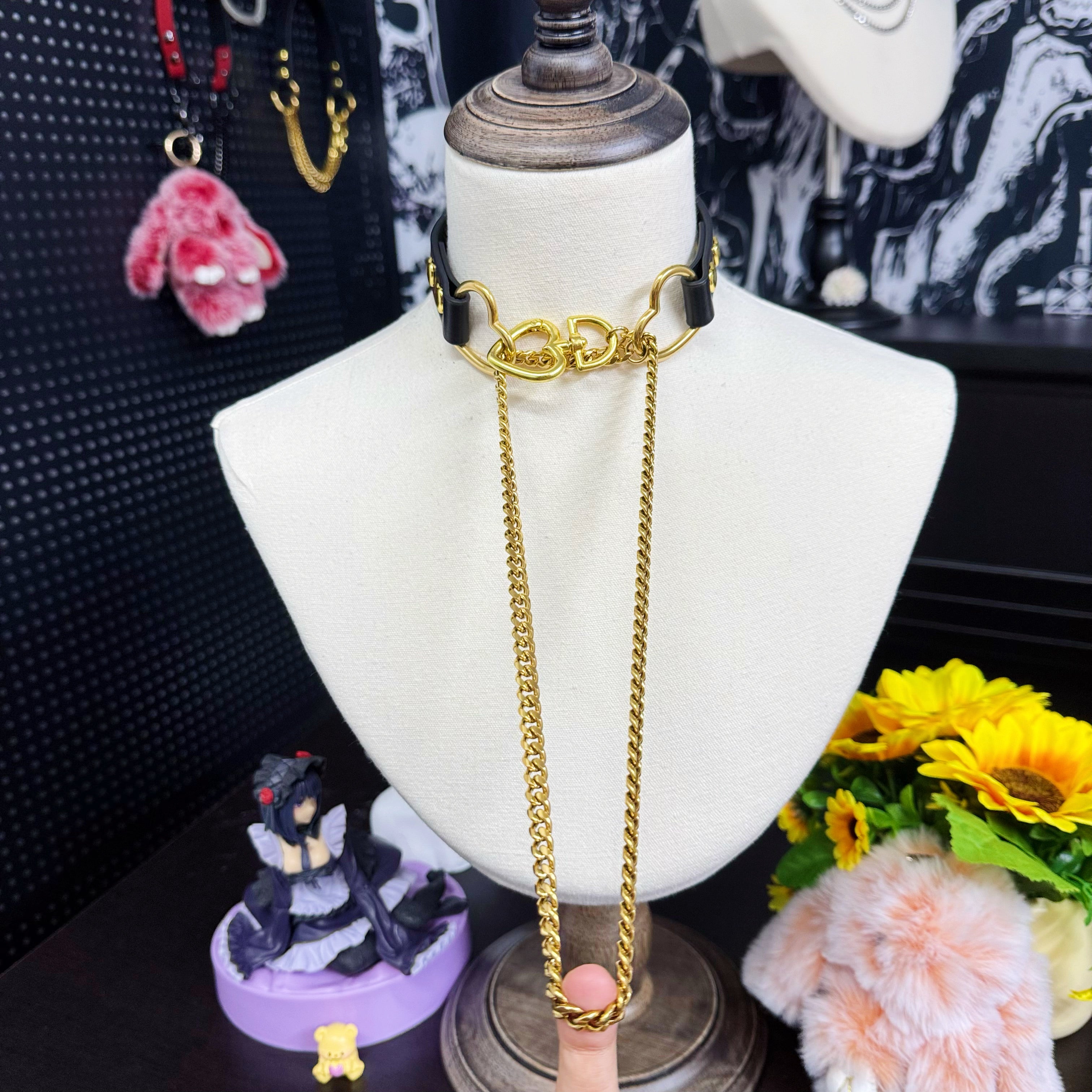 Luxe Chain (Fashion Layered Chain Leather Choker Necklace) (Black Leather- Gold Chain with Heart)