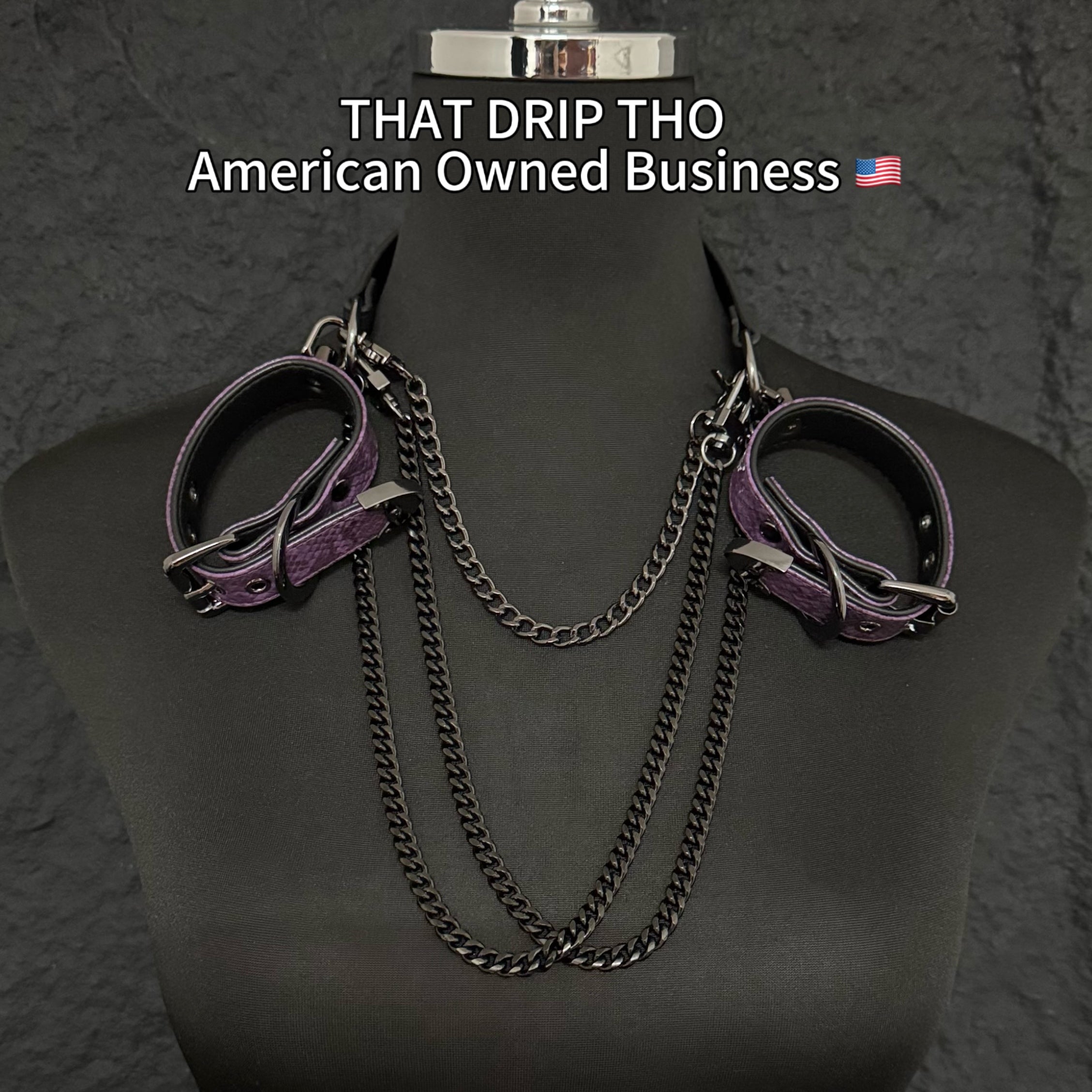 Luxe Chain (Premium Double Layered Chains Leather Choker with Adjustable Dark Purple Pattern Bracelet-– Black Hardware