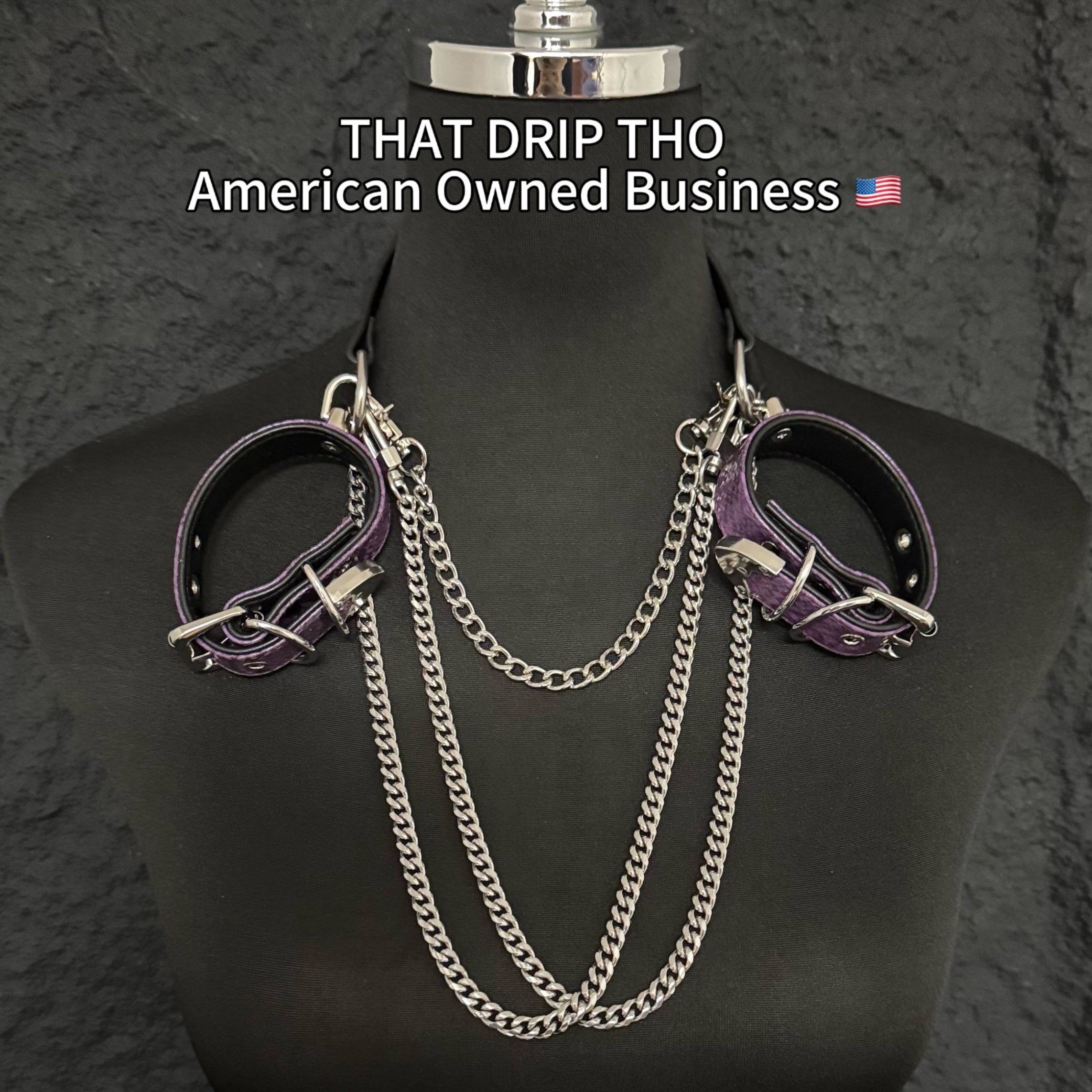 Luxe Chain (Premium Double Layered Chains Leather Choker with Adjustable Dark Purple Pattern Bracelet-– Silver Hardware