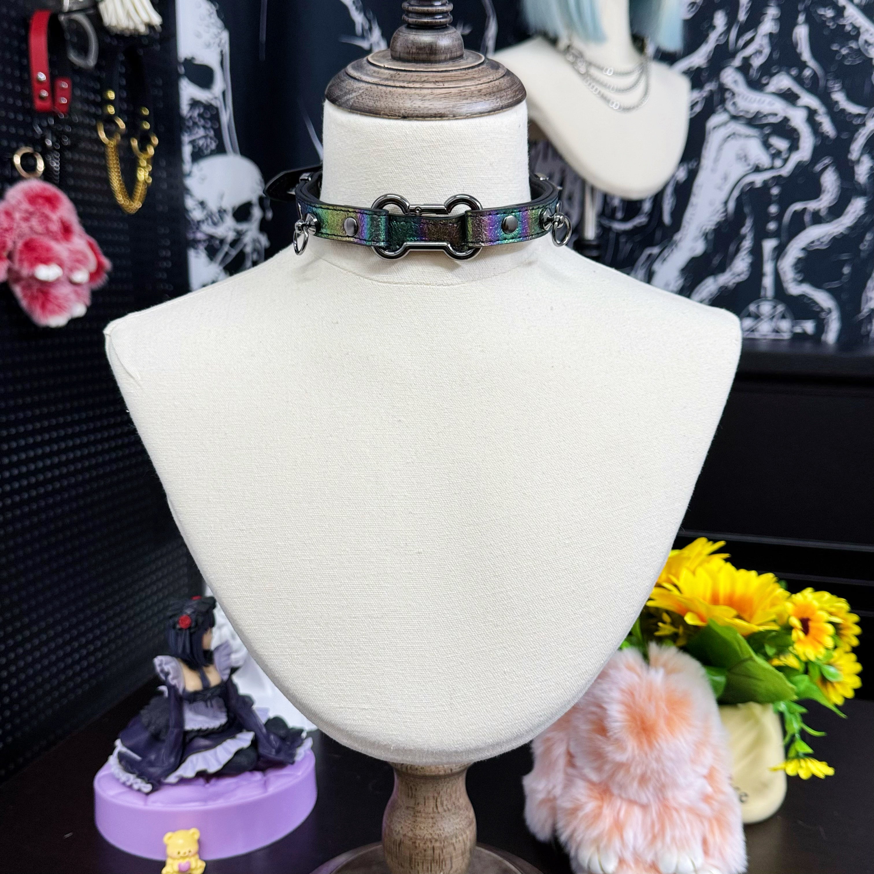 Iridescent Leather Choker with Dog Bone Ring
