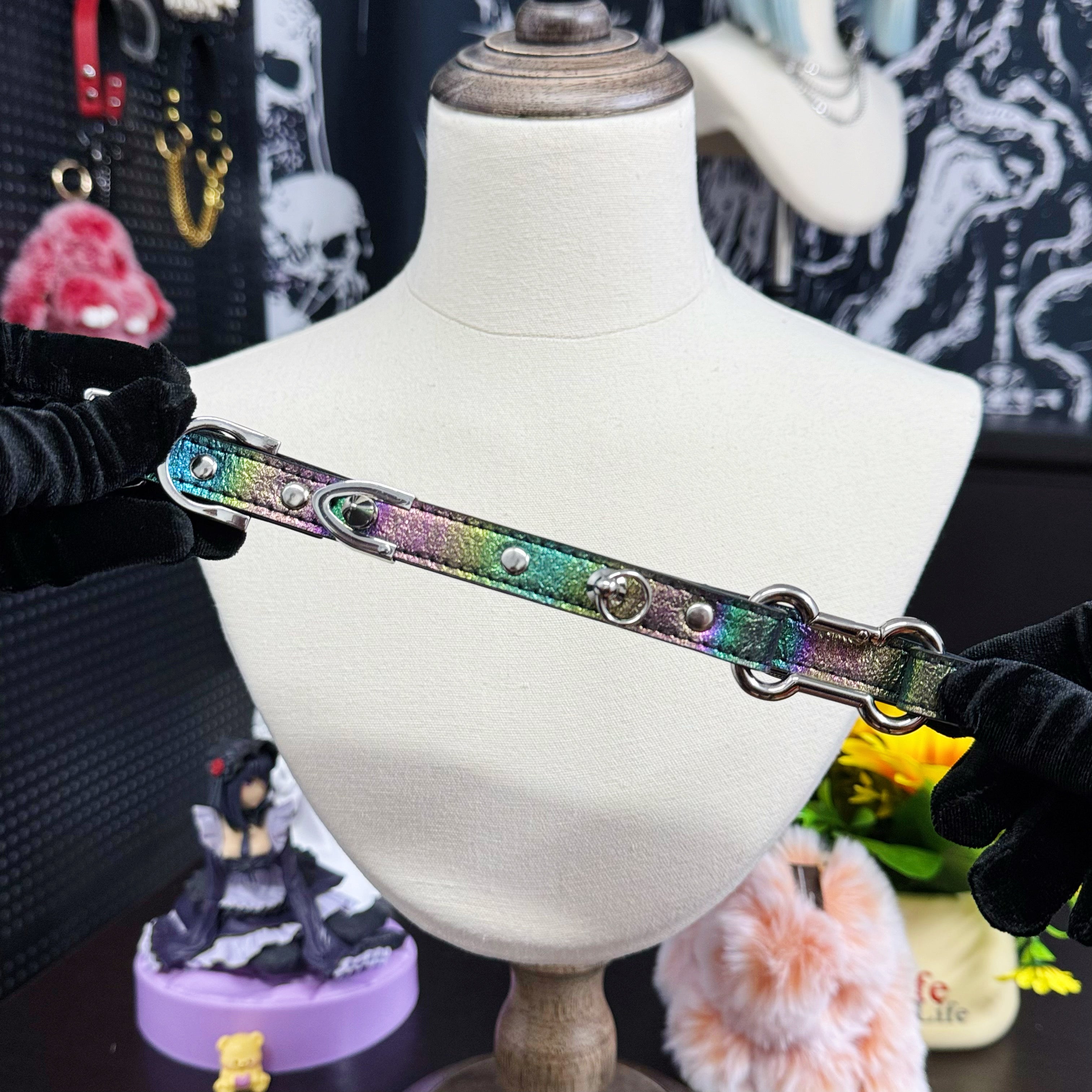 Iridescent Leather Choker with Dog Bone Ring