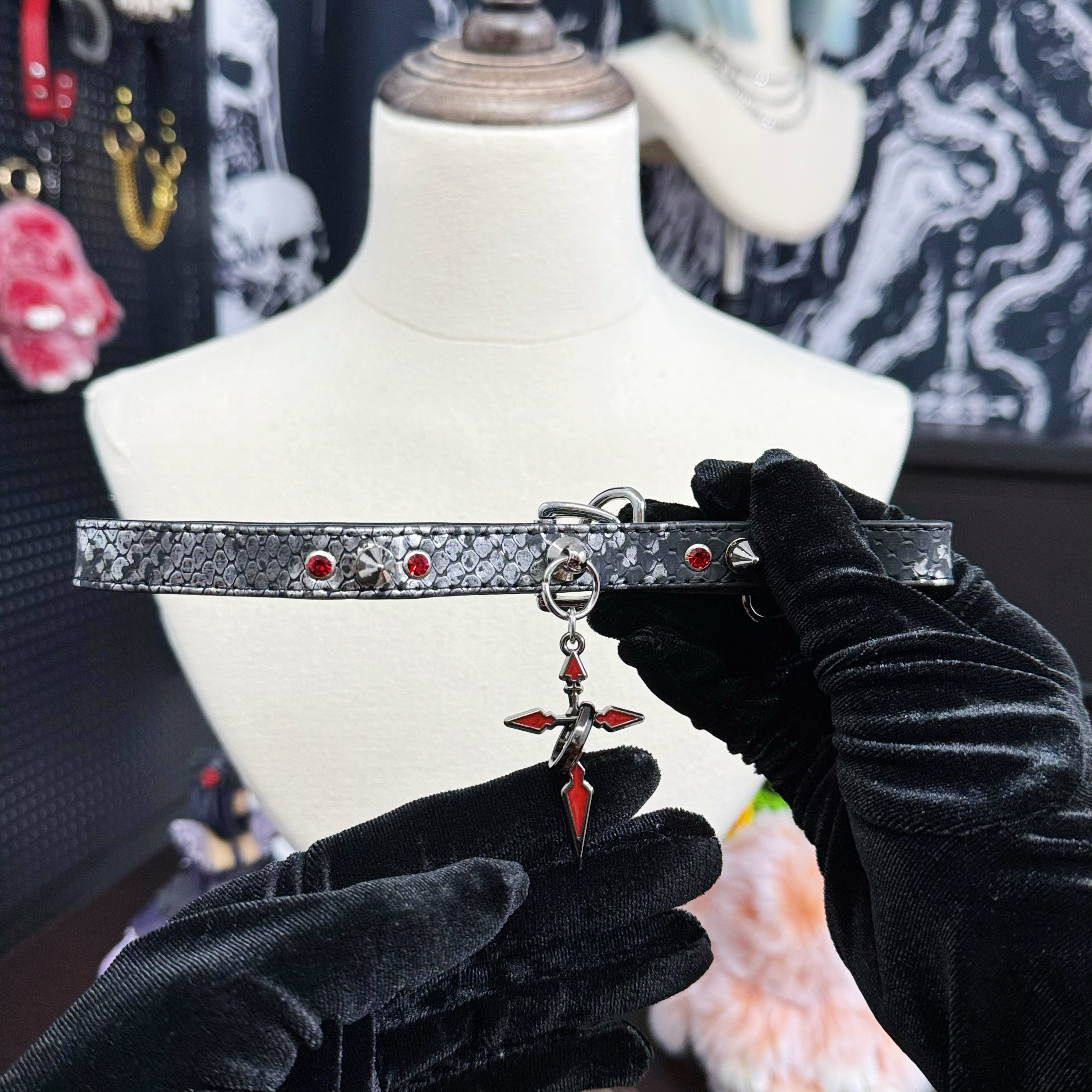 Spiked Black Leather Choker with Red-Black Cross Pendant