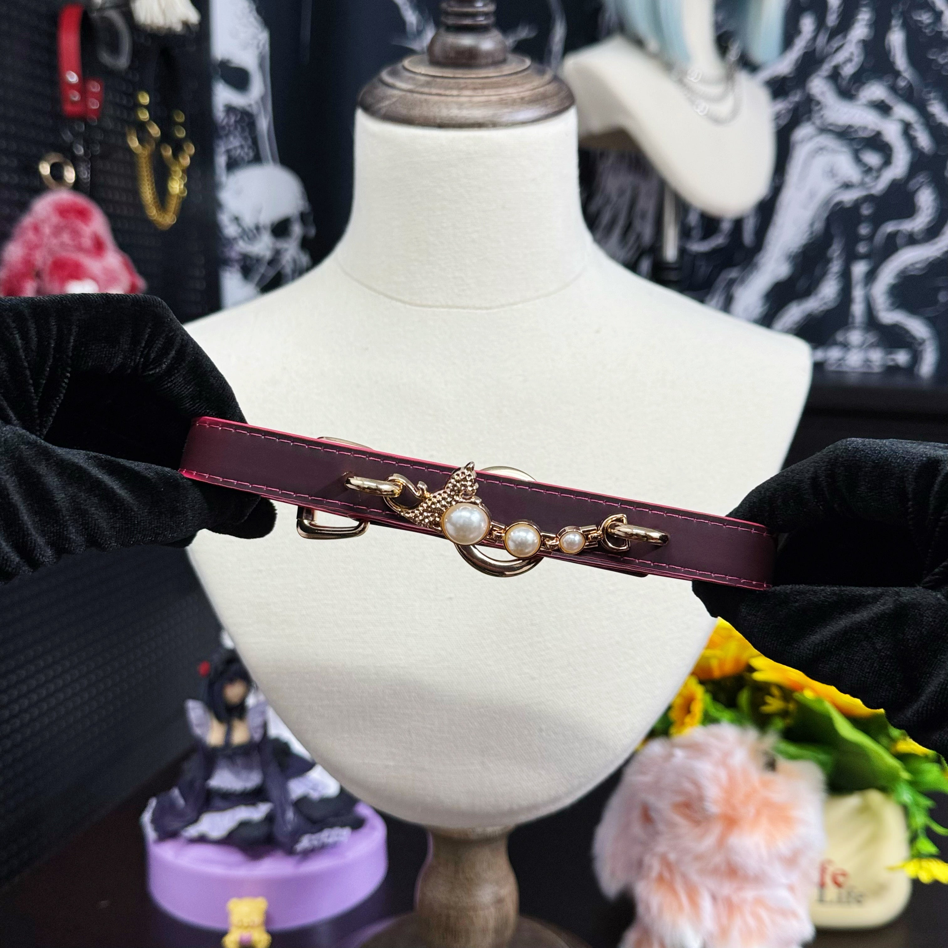 Handmade Heat Reactive Rouge Leather Choker, Color-Changing Collar with Leopard Accent & Pearl Details