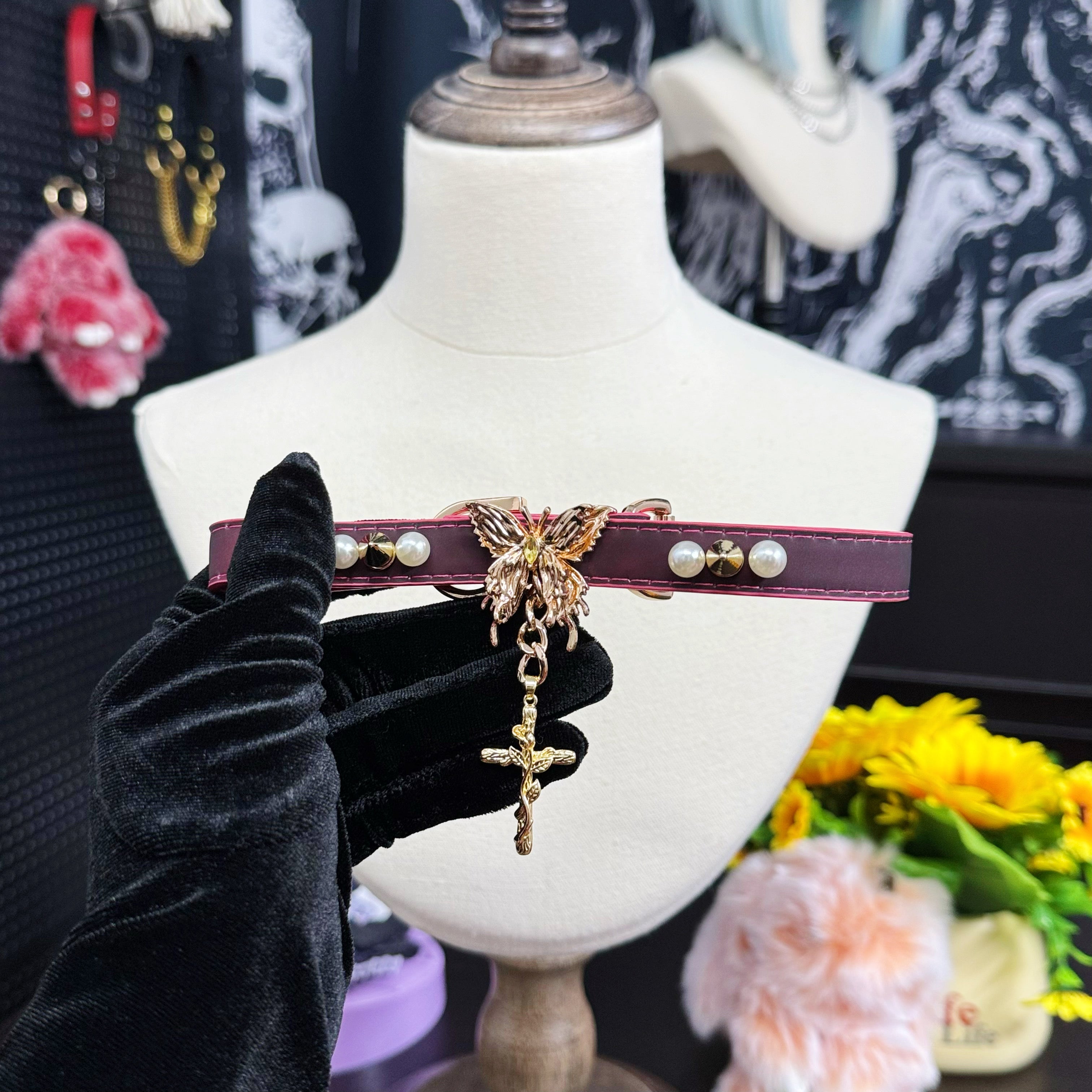Handmade Heat Reactive Rouge Leather Choker with Butterfly Cross Pendant, Color-Changing Collar with Spikes and Pearls