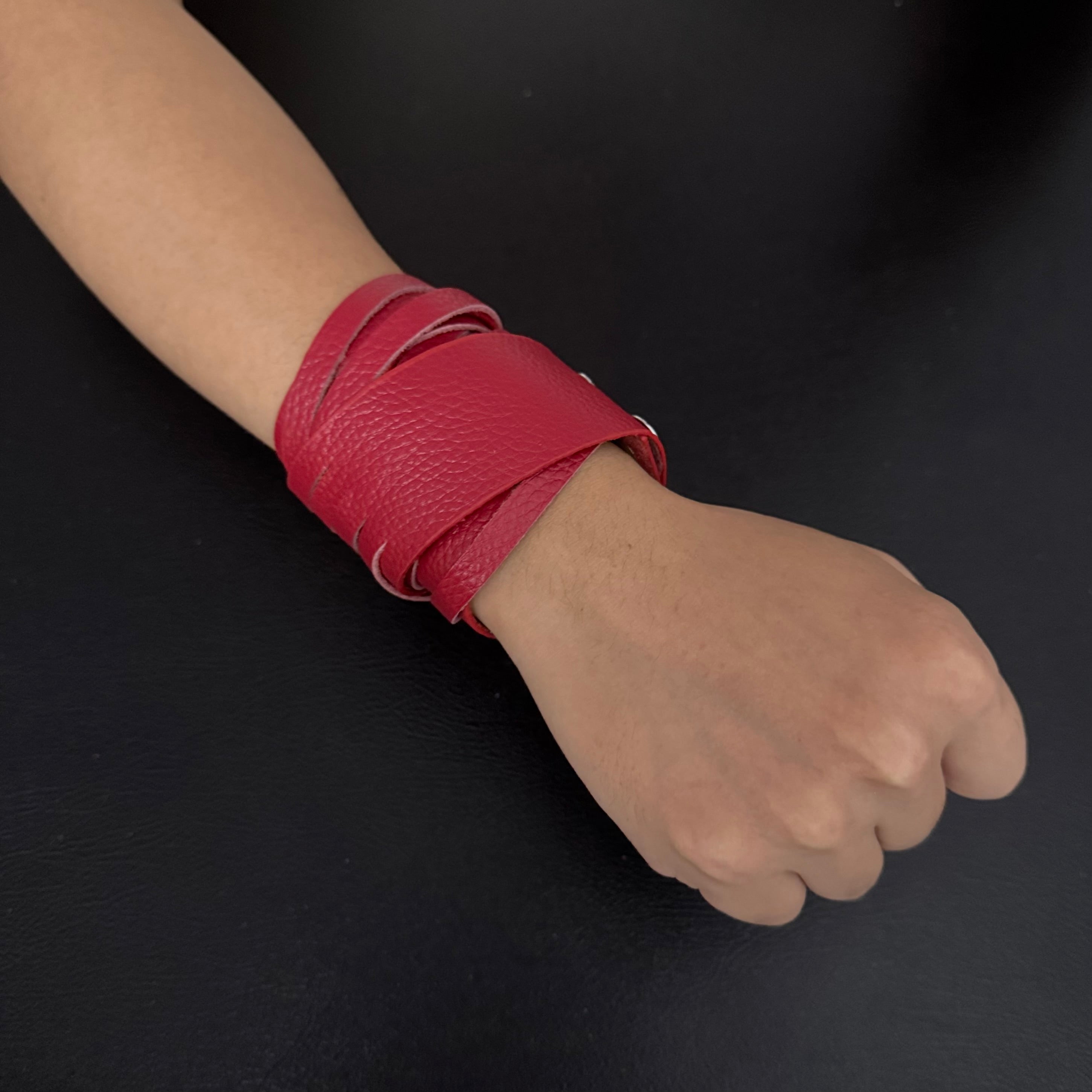 Unisex Dual-Wear Leather Fringe Wrap Bracelet-Blood-Red-Flogger (Non Heat Reactive)