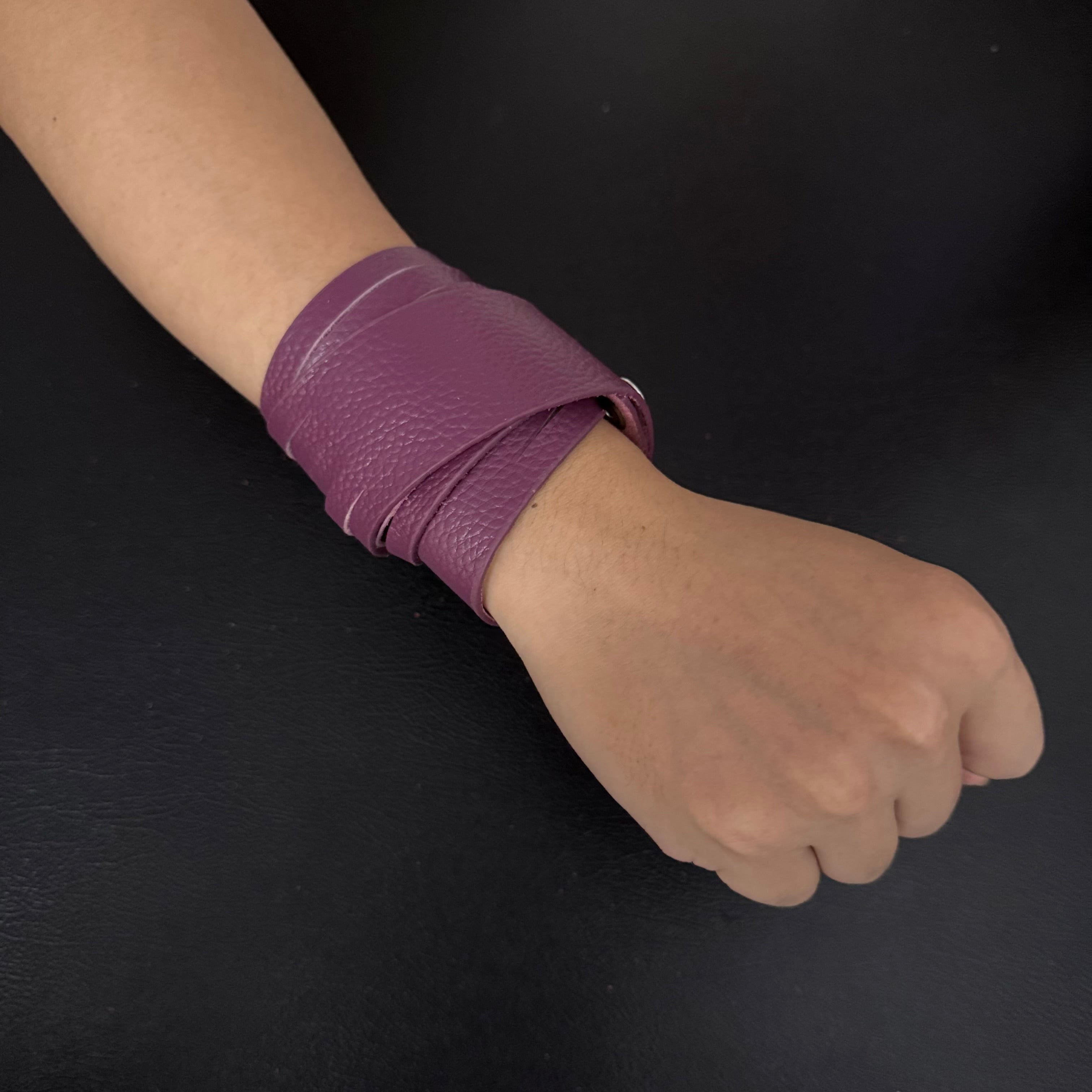 Unisex Dual-Wear Leather Fringe Wrap Bracelet-Eggplant Purple-Flogger (Non Heat Reactive)