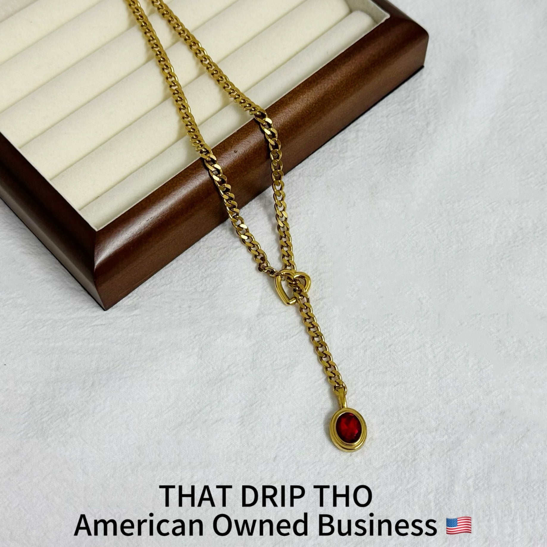 Crimson Gem Heart Gold Slip Chain Necklace