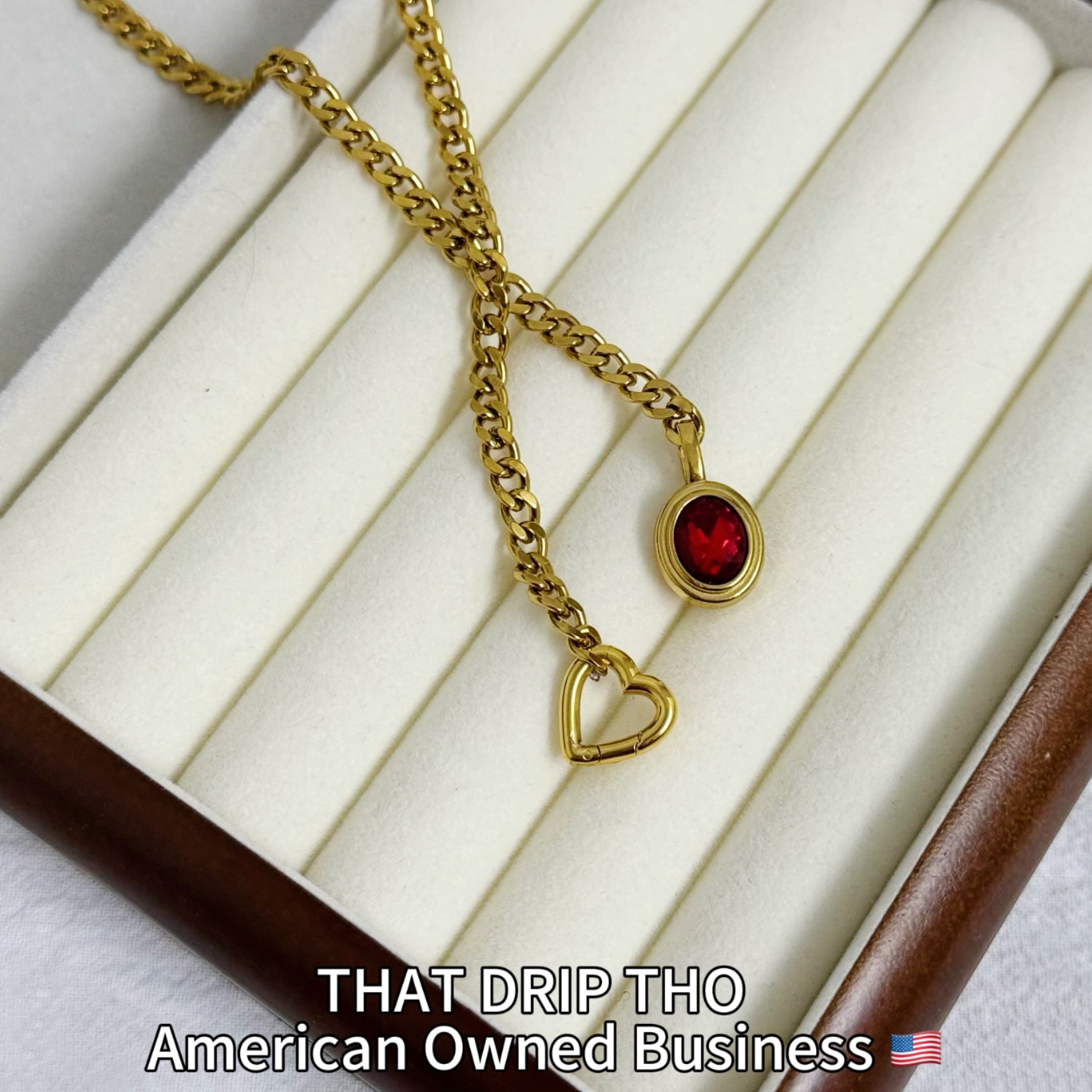 Crimson Gem Heart Gold Slip Chain Necklace