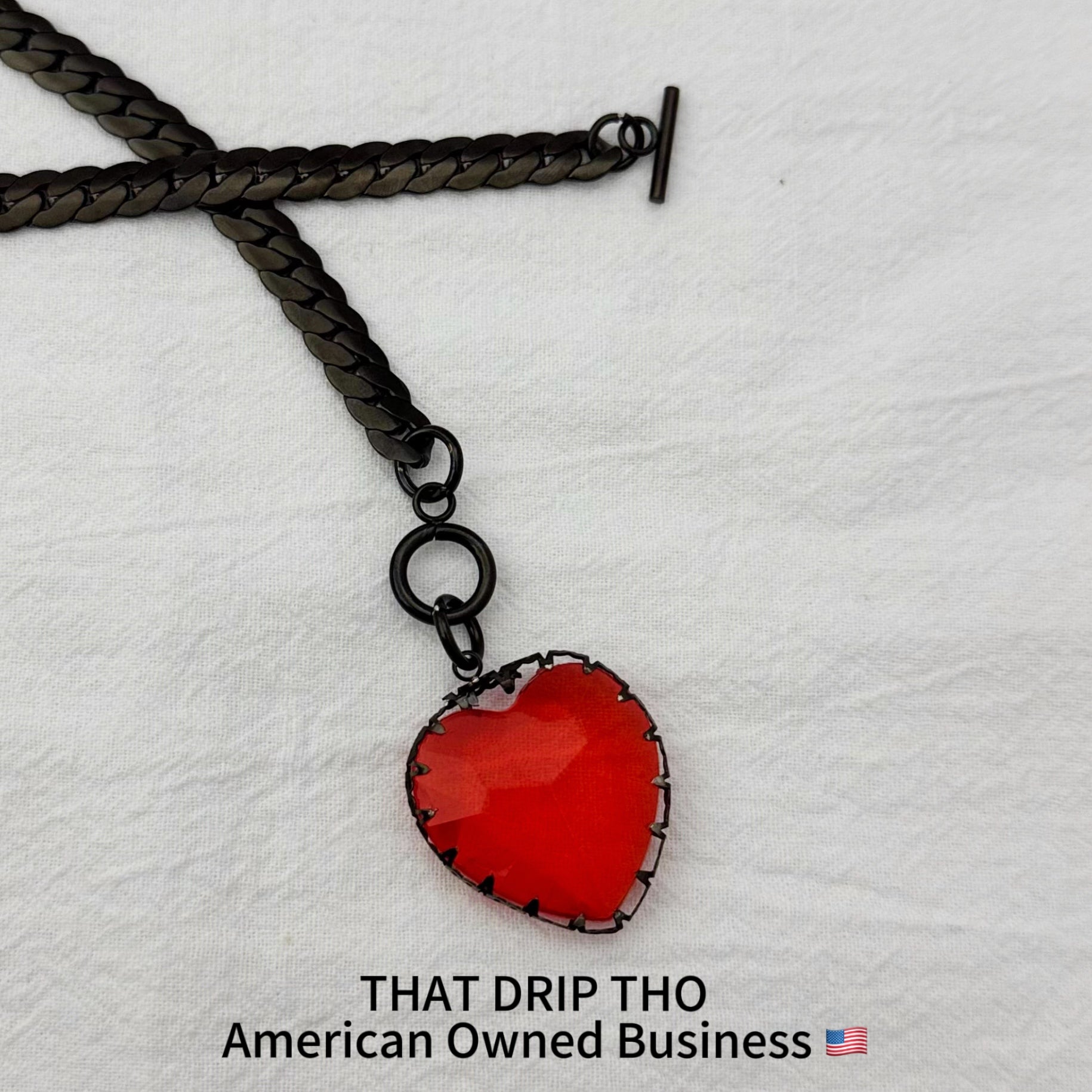 Gem Heart Pendant Black Slip Chain Necklace (Available in Red & Black)