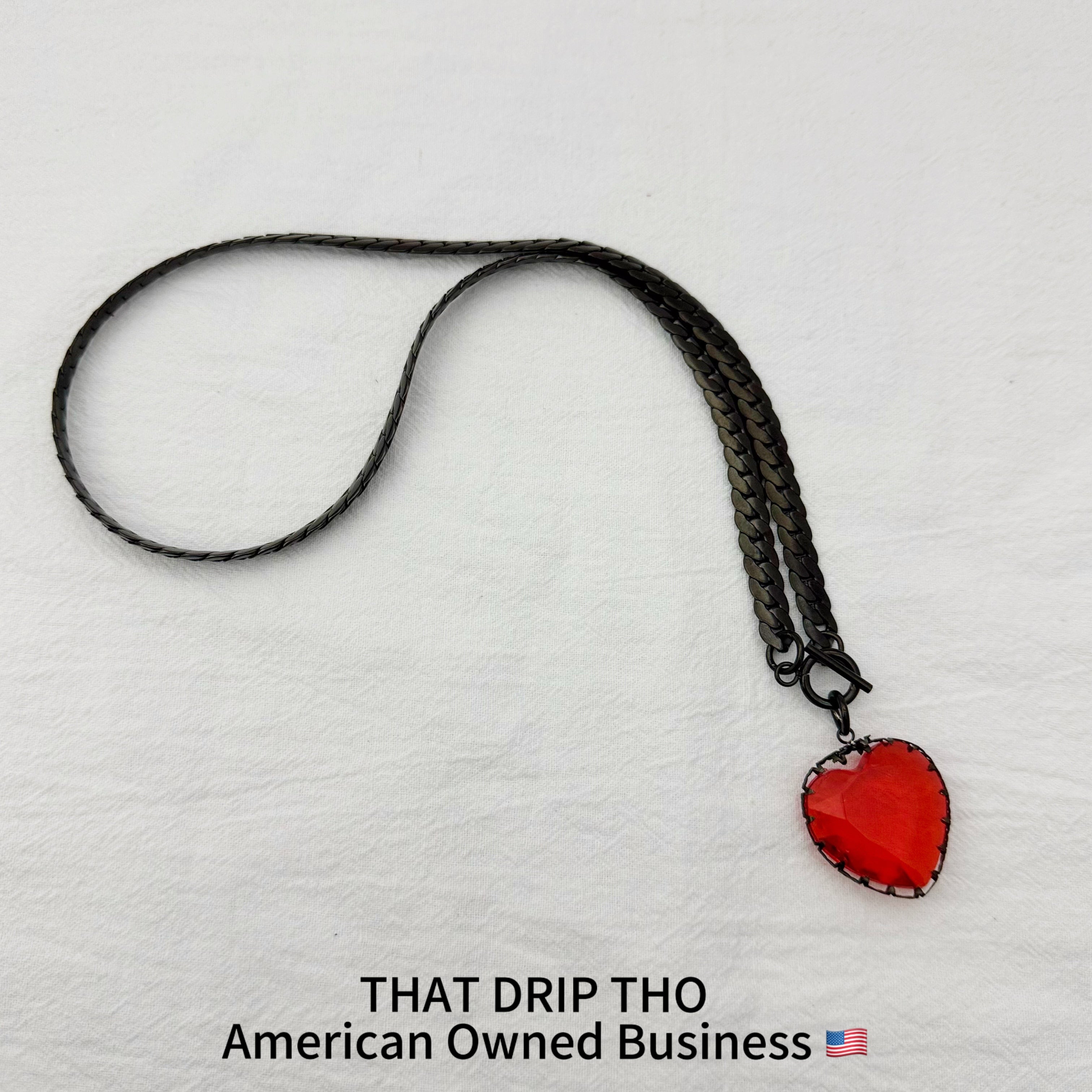 Gem Heart Pendant Black Slip Chain Necklace (Available in Red & Black)