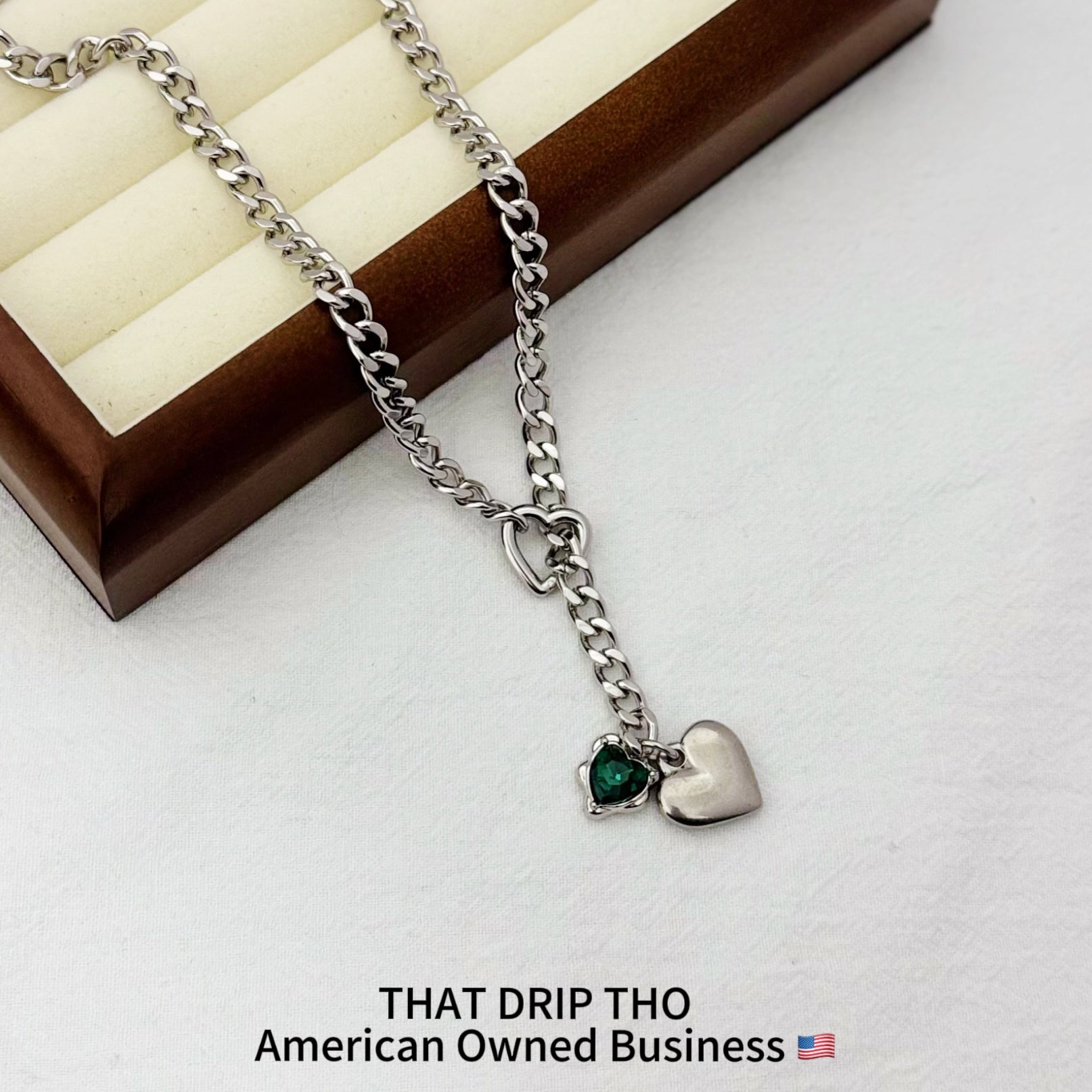 Heart Crystal Charm Slip Chain Necklace (Available in Green, Blue, Clear)