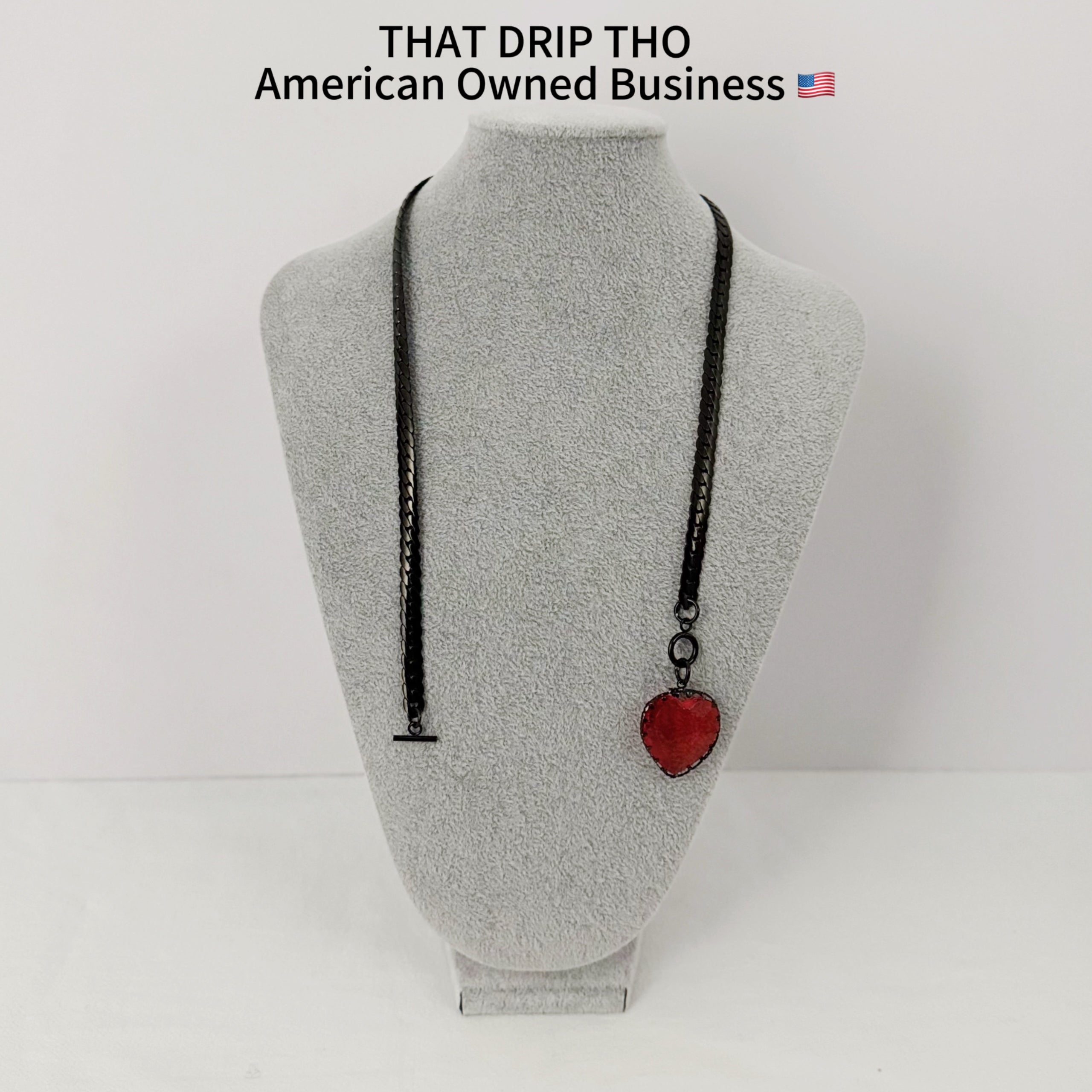 Gem Heart Pendant Black Slip Chain Necklace (Available in Red & Black)