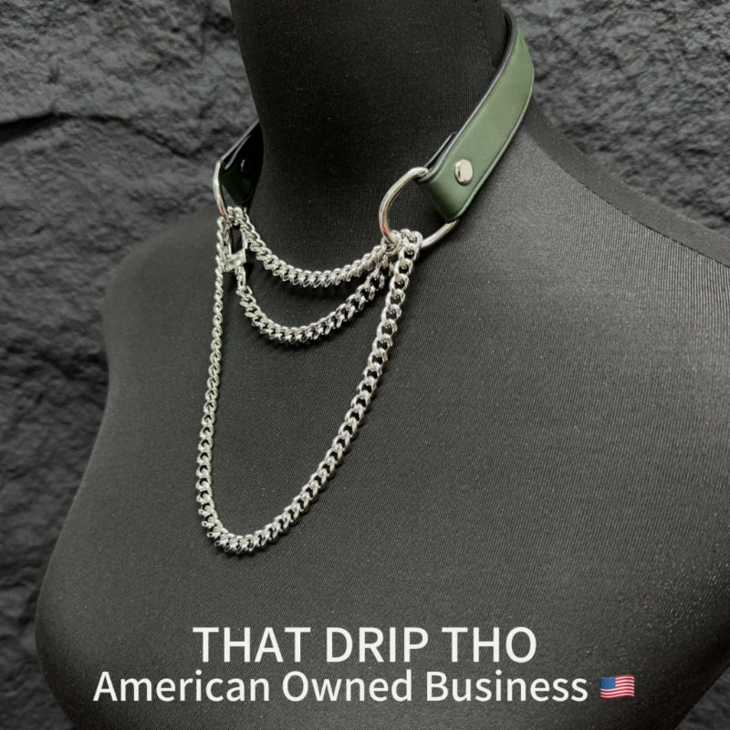 Luxe Chain (Fashion Layered Chain Leather Choker Necklace) (Christmas Green Color)