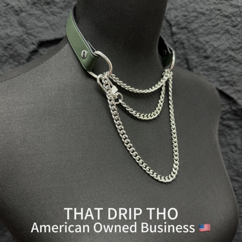 Luxe Chain (Fashion Layered Chain Leather Choker Necklace) (Christmas Green Color)