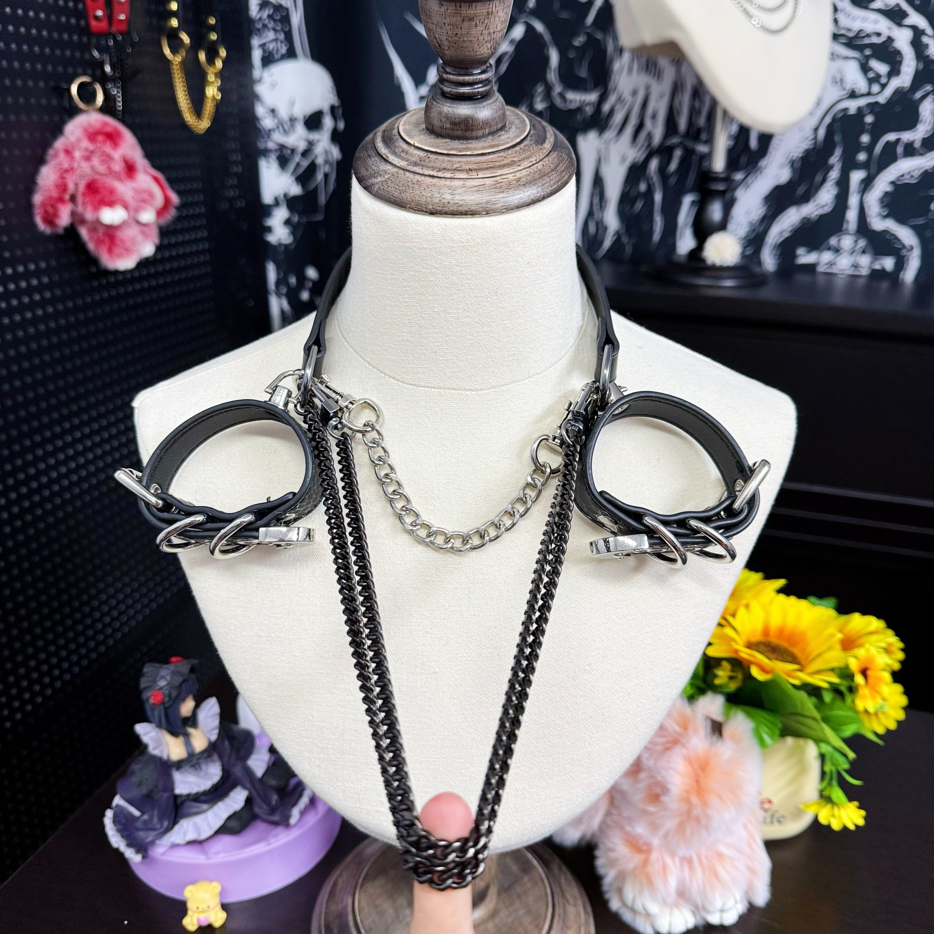 Double Layered Chains Leather Choker with Cuff Set