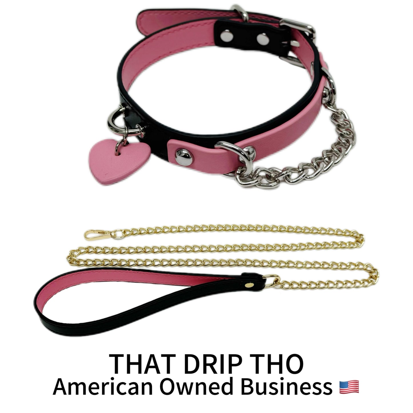 Luxe Chain ( [First Crush] Pink Leather Collar With Heart Pedant Choker Necklace) with Leather Chain Leash