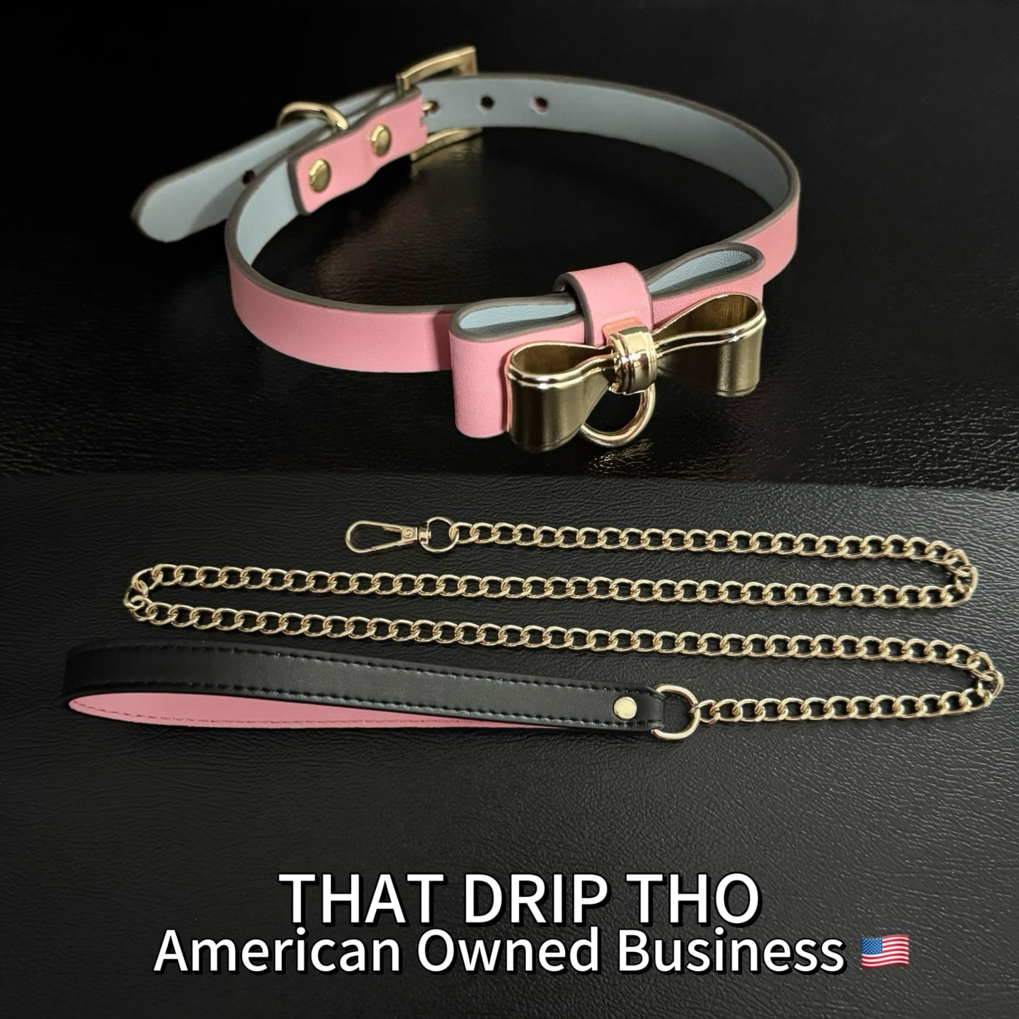 Luxe Chain ( [First Crush] Cute Pink Leather with Gold Color Metal Choker Necklace) with Leather Chain Leash