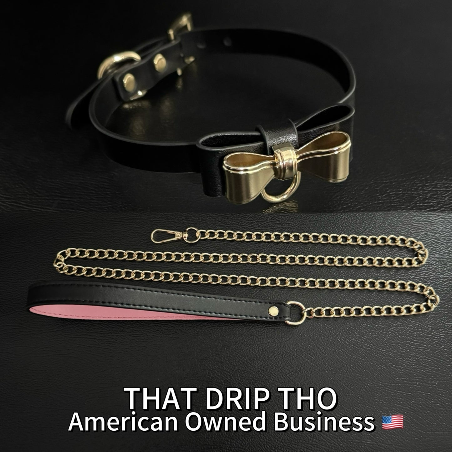 Luxe Chain ( [First Crush] Black Leather with Gold Color Metal Choker Necklace) with Leather Chain Leash